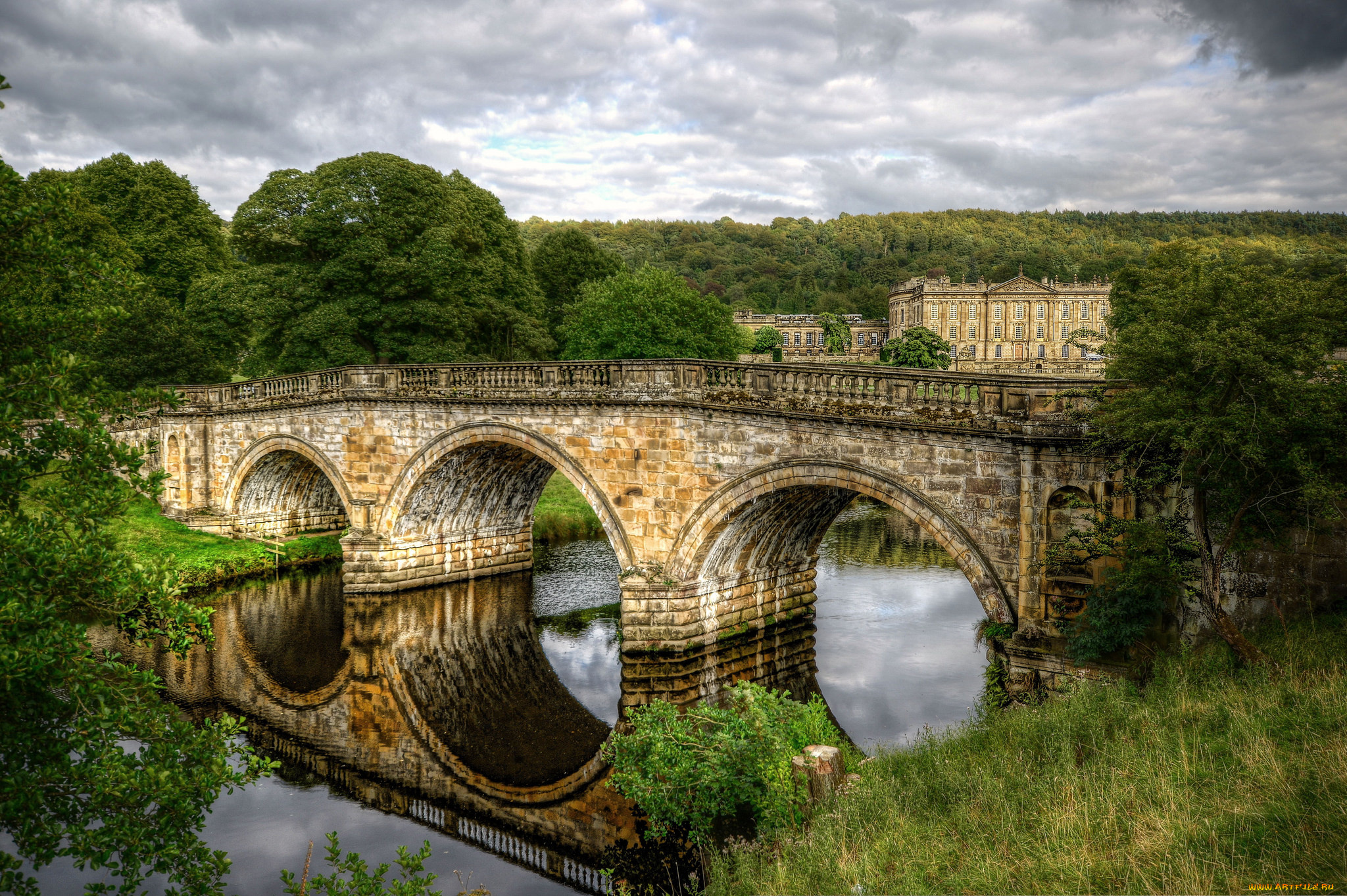 города, -, мосты, мост, река, здание, лес