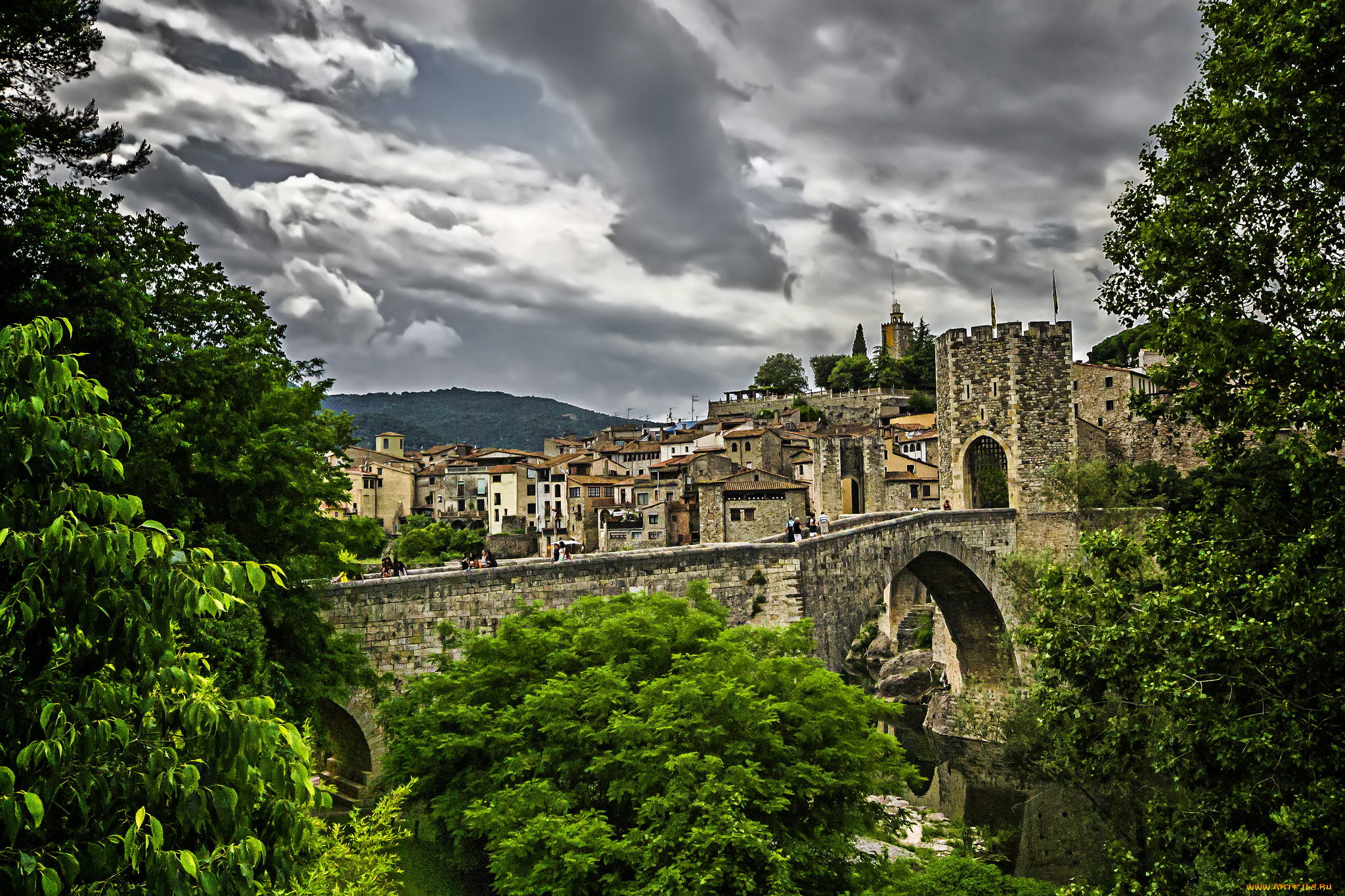 besal&, 250, города, -, мосты, лес, мост, башня, дома