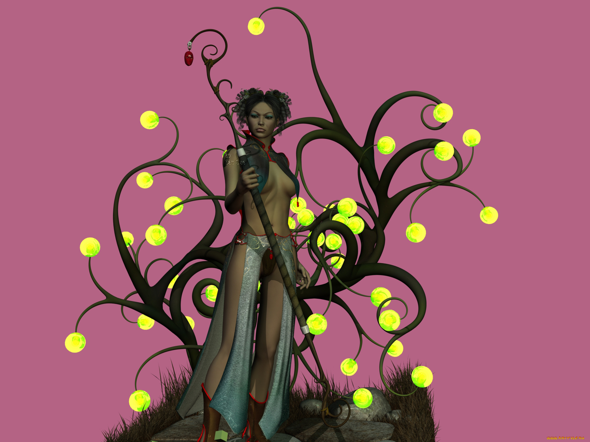 3д, графика, амазонки, , amazon, взгляд, девушка, шест, фон