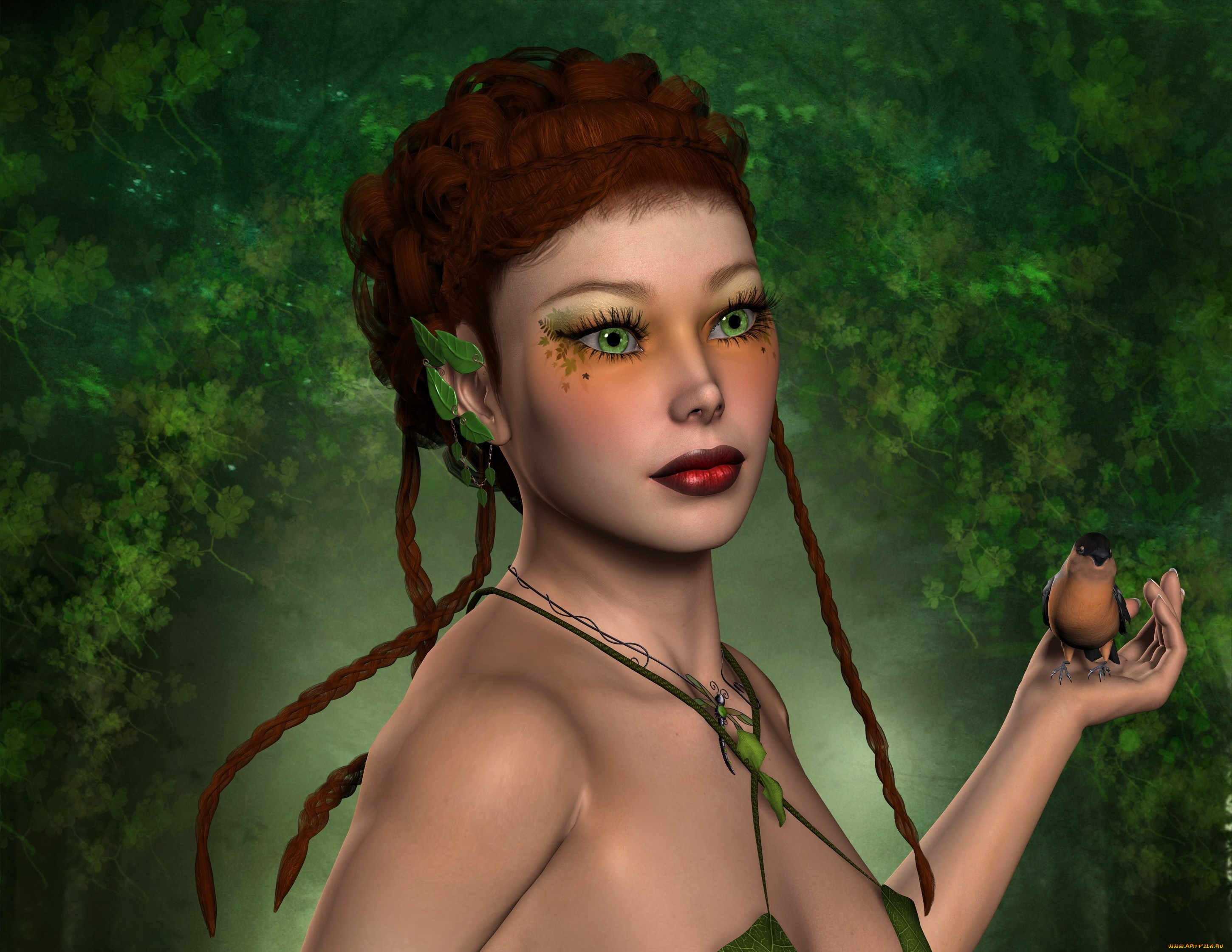 3д, графика, эльфы, , elves, птичка, косички, лес, фон, взгляд, эльфийка