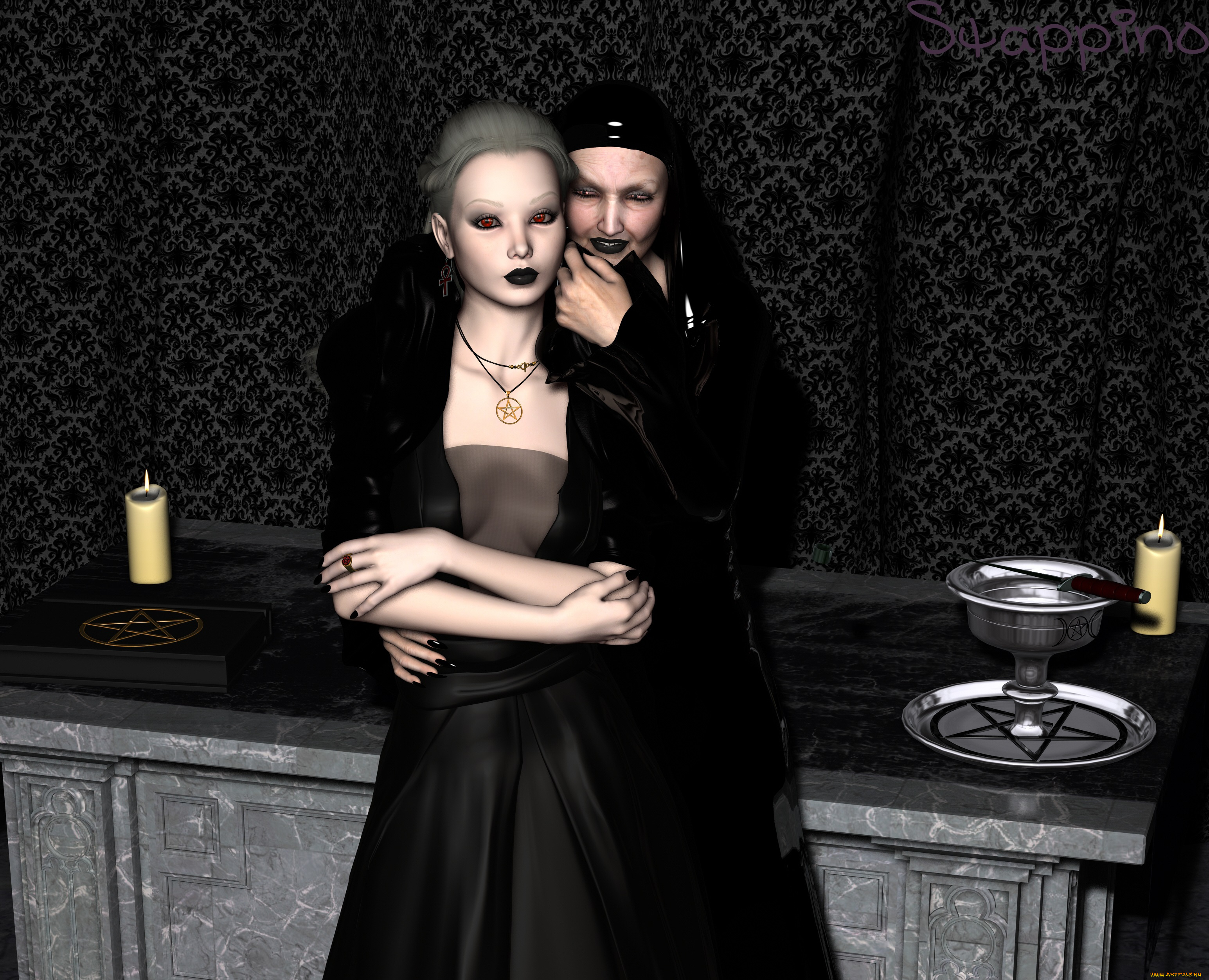 3д, графика, люди, , people, девушка, взгляд, фон, свечи, старушка