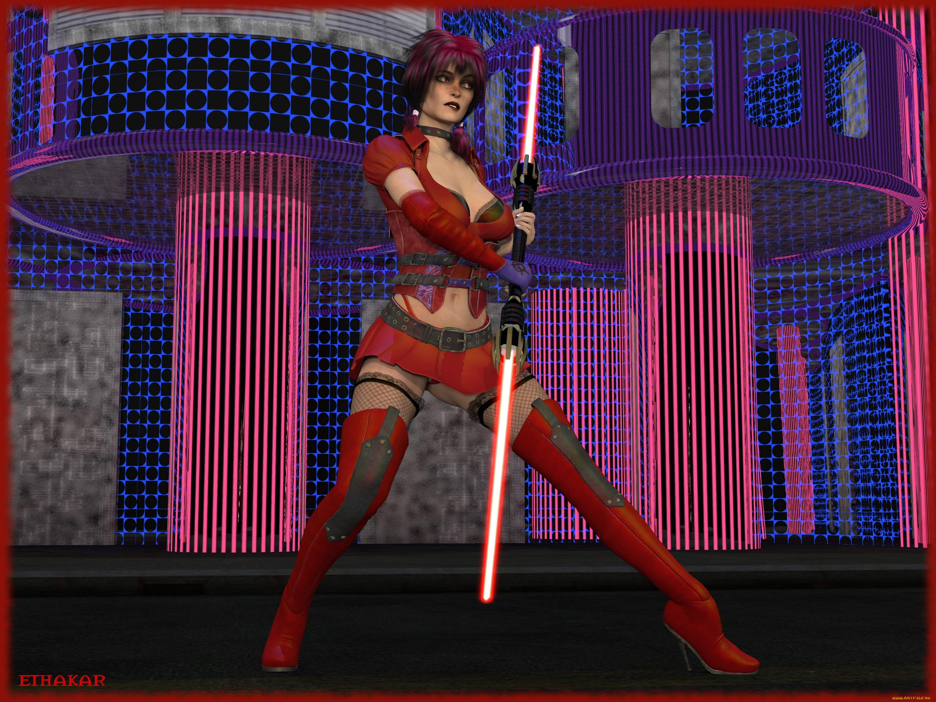 3д, графика, фантазия, , fantasy, оружие, фон, взгляд, девушка, рыжая