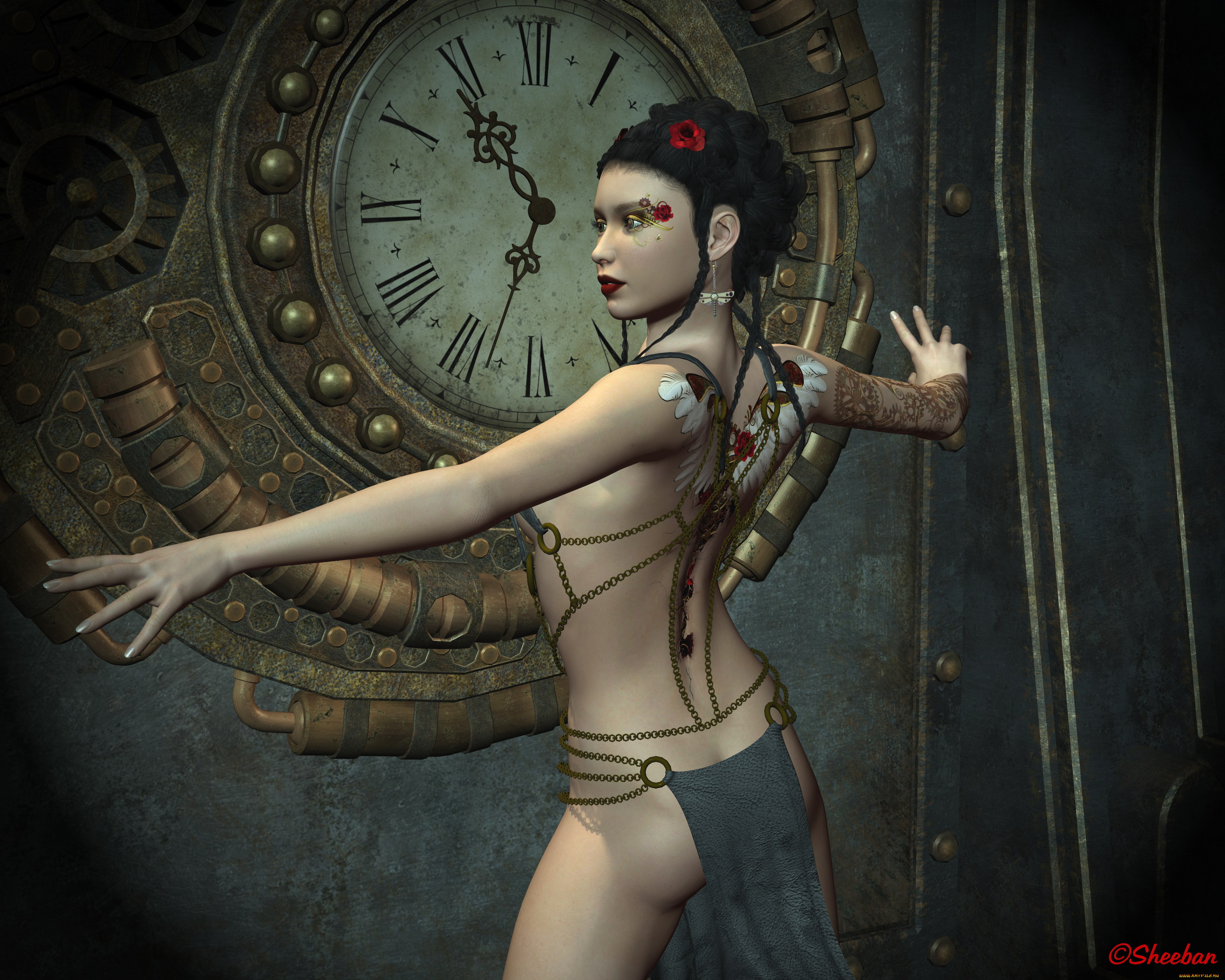 3д, графика, фантазия, , fantasy, фон, взгляд, часы, тату, девушка