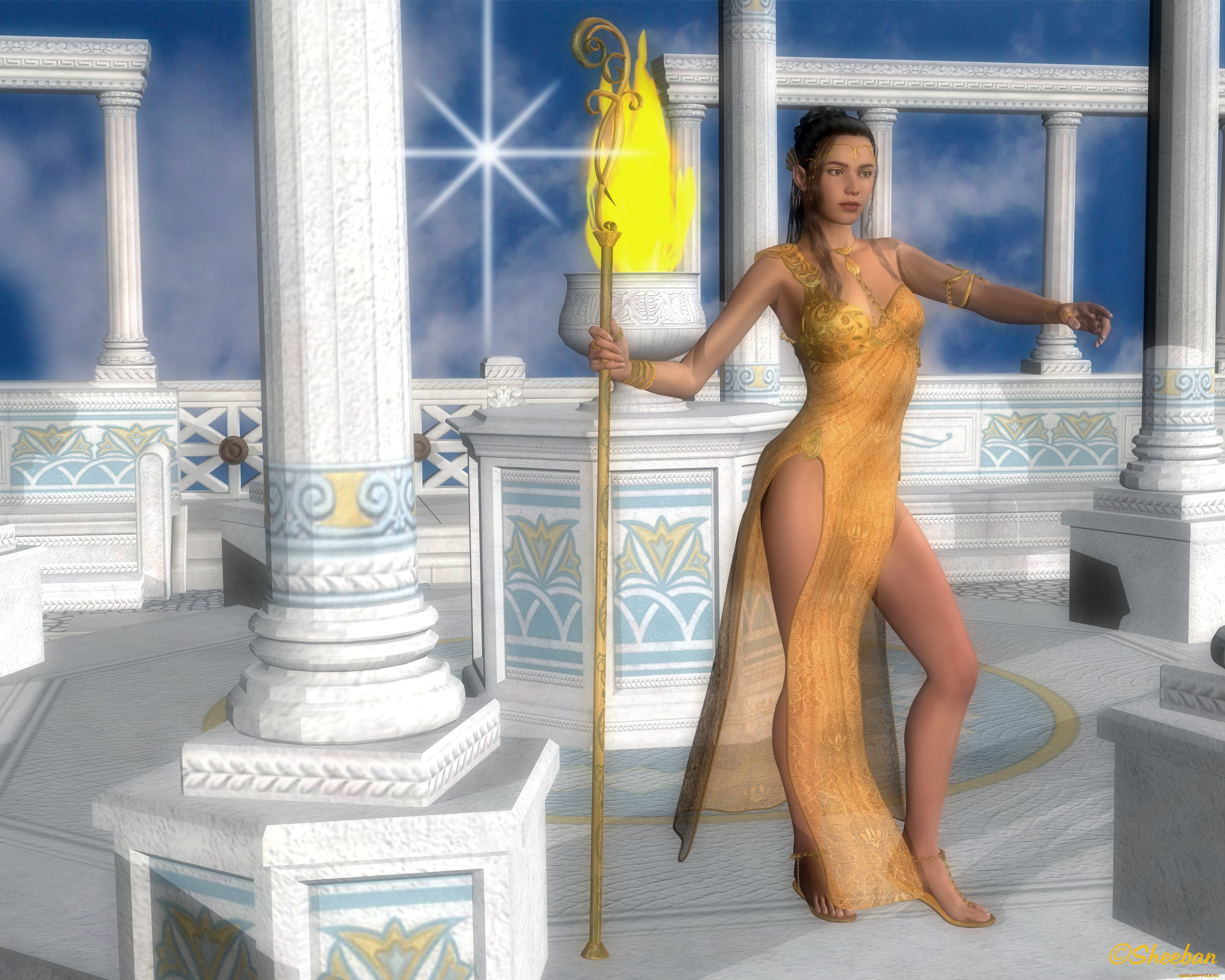 3д, графика, фантазия, , fantasy, шест, взгляд, фон, девушка