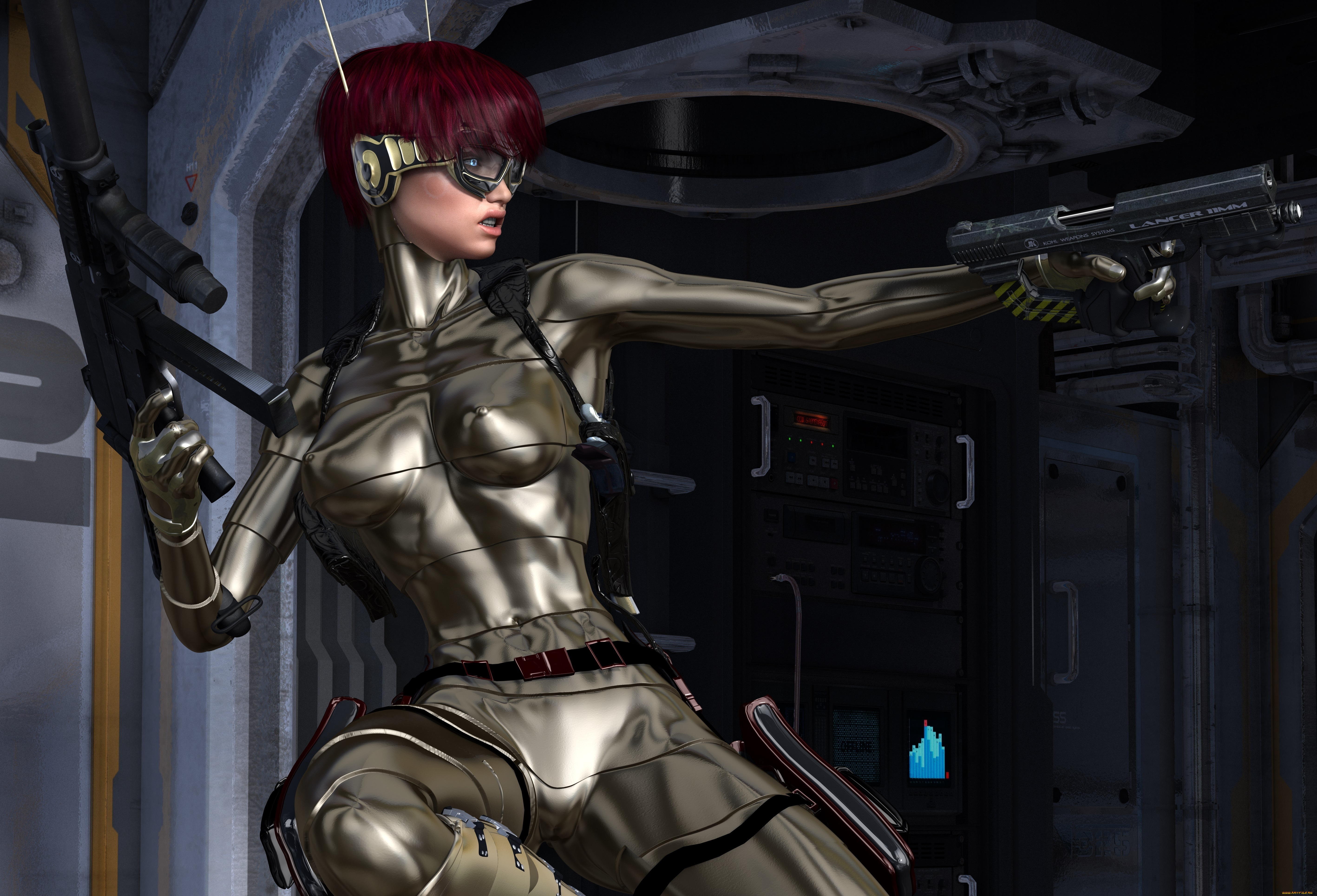 3д, графика, фантазия, , fantasy, фон, взгляд, девушка, наушники, очки, оружие