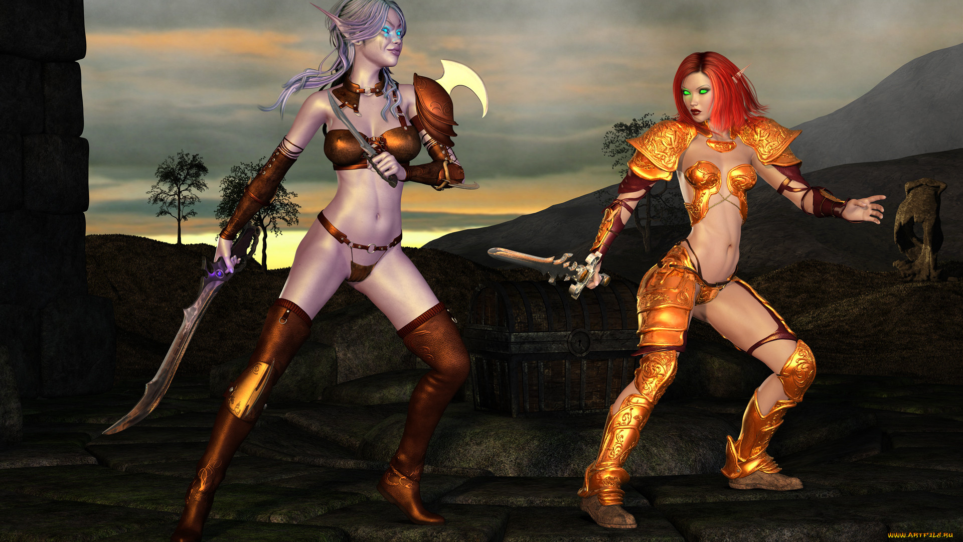 3д, графика, эльфы, , elves, фон, девушки, сундук, меч, эльф, взгляд