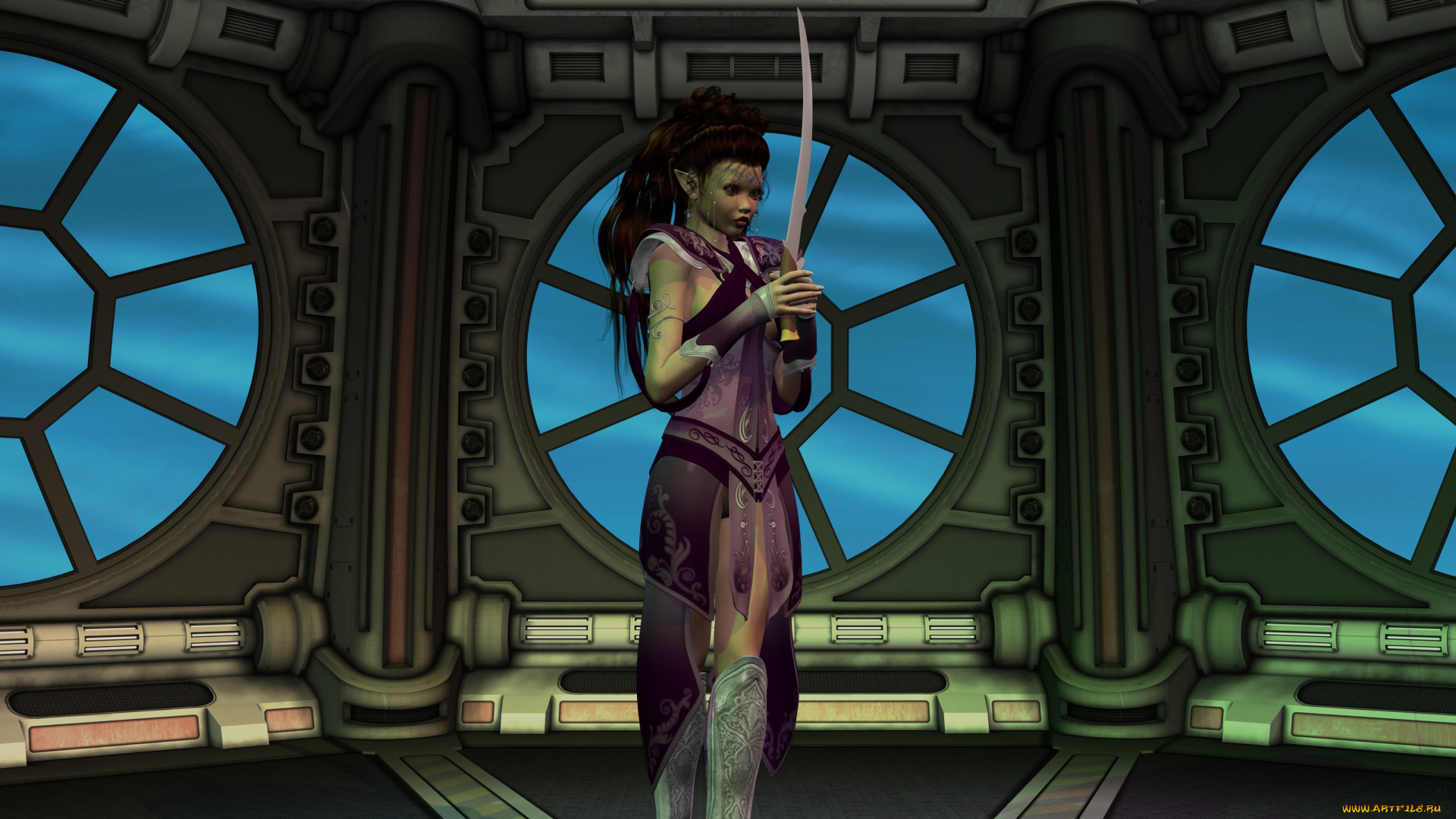 3д, графика, эльфы, , elves, оружие, фон, взгляд, эльфийка