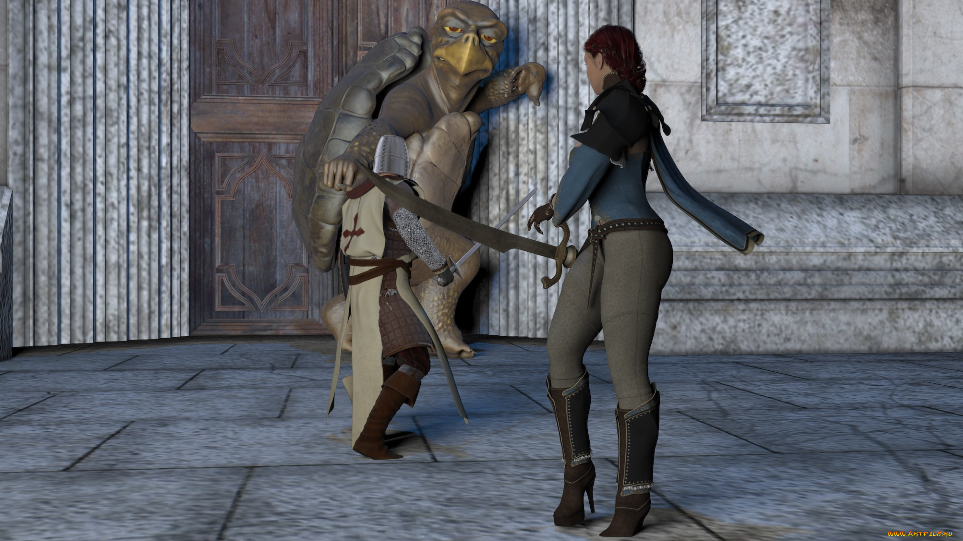 3д, графика, фантазия, , fantasy, девушка, черепаха, оружие, фон, взгляд