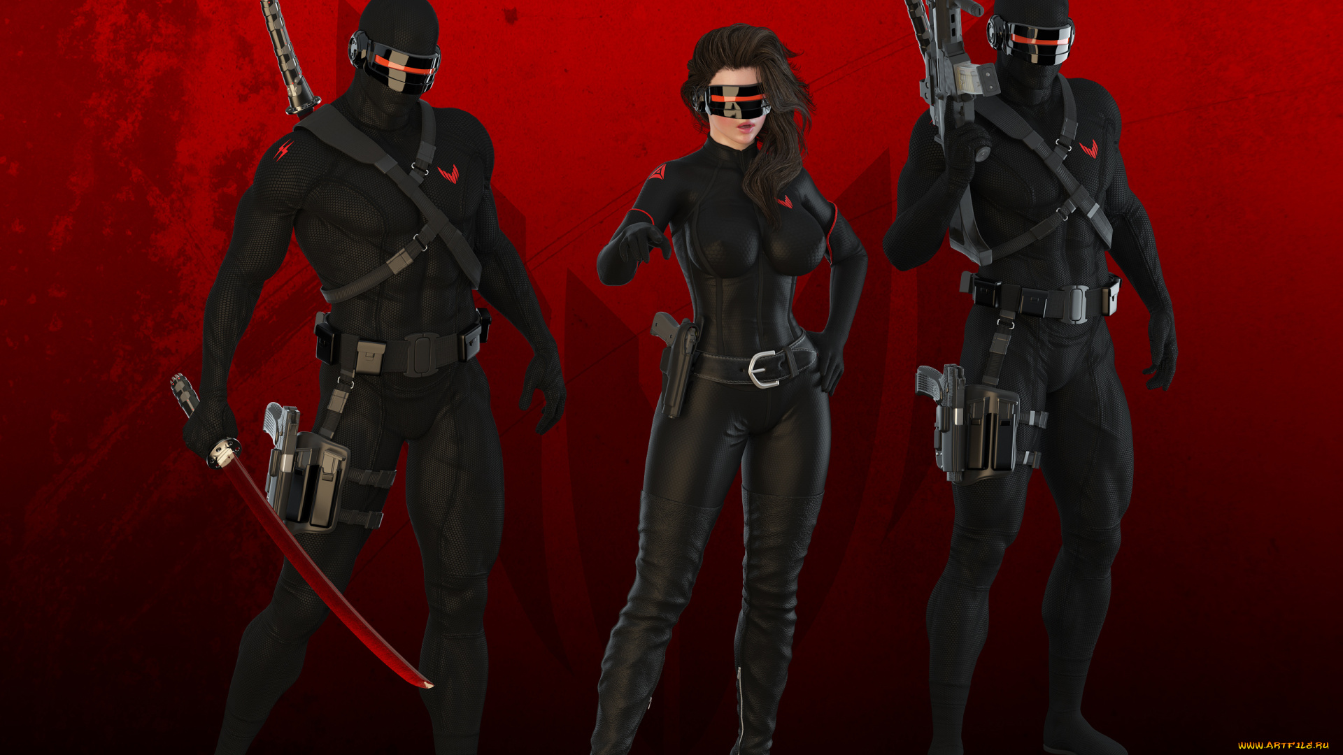 3д, графика, фантазия, , fantasy, девушка, мужчины, униформа, меч, фон, пистолет