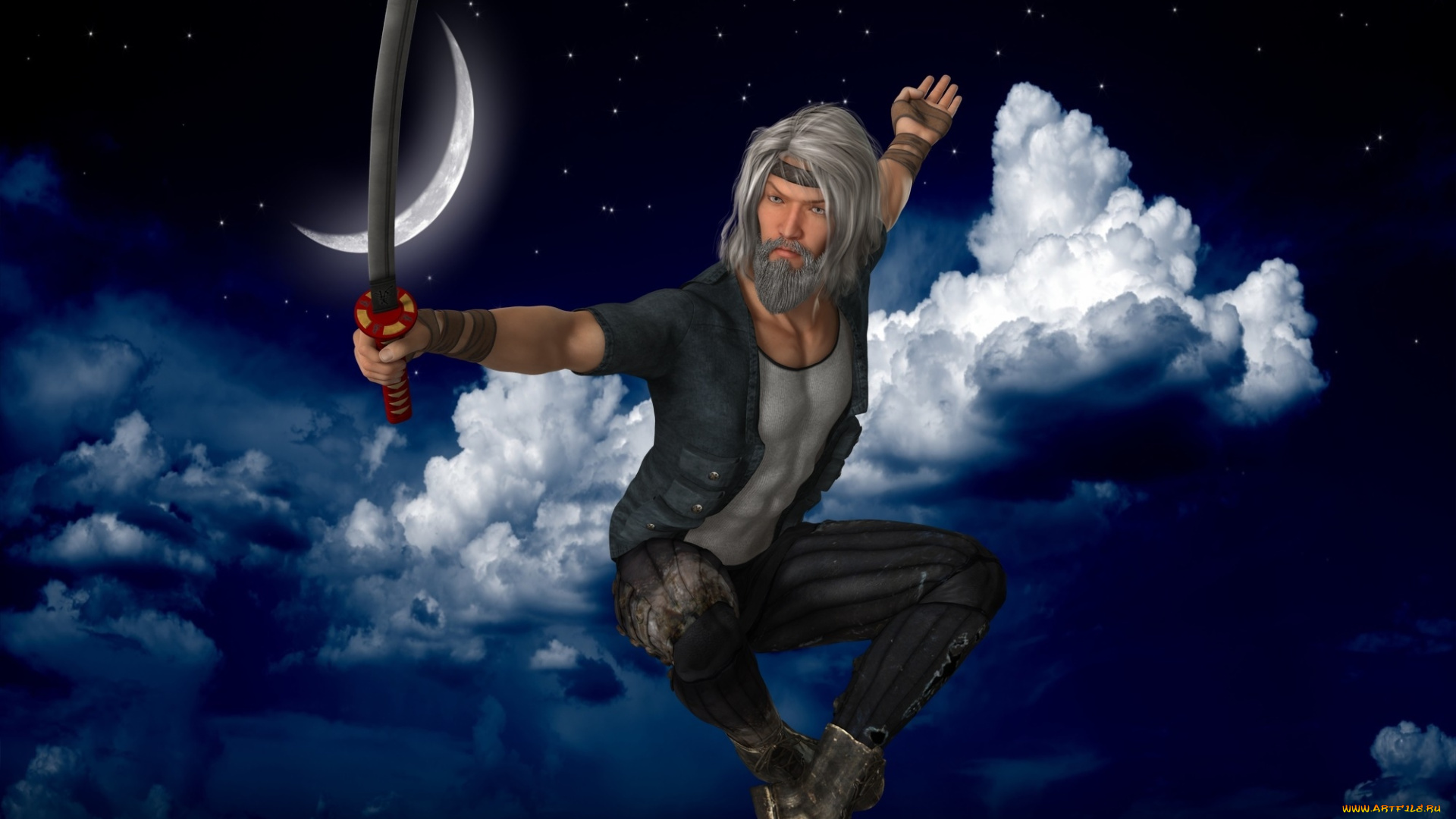 3д, графика, фантазия, , fantasy, луна, оружие, фон, взгляд, мужчина