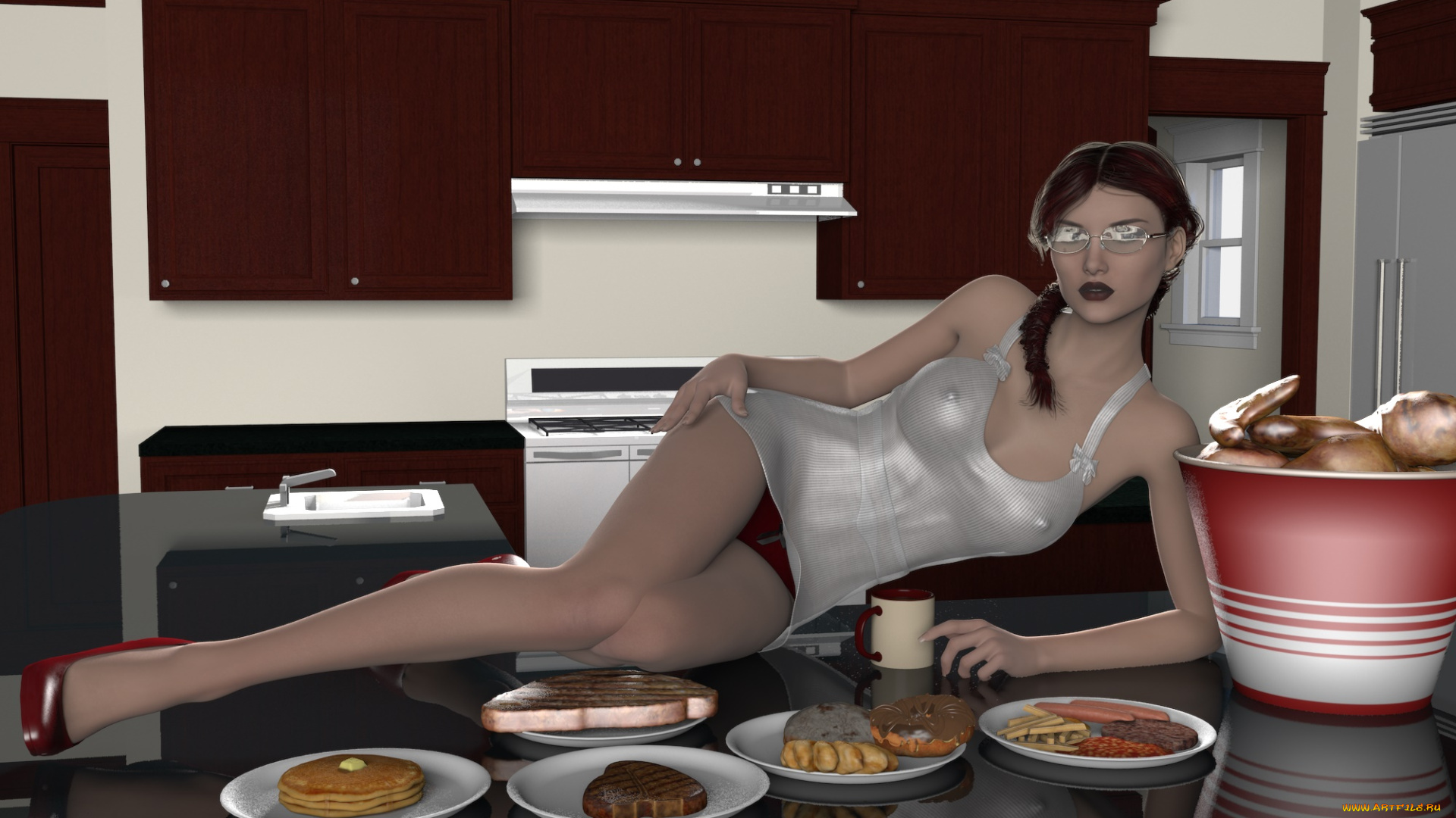 3д, графика, люди, , people, девушка, взгляд, фон, интерьер, стол