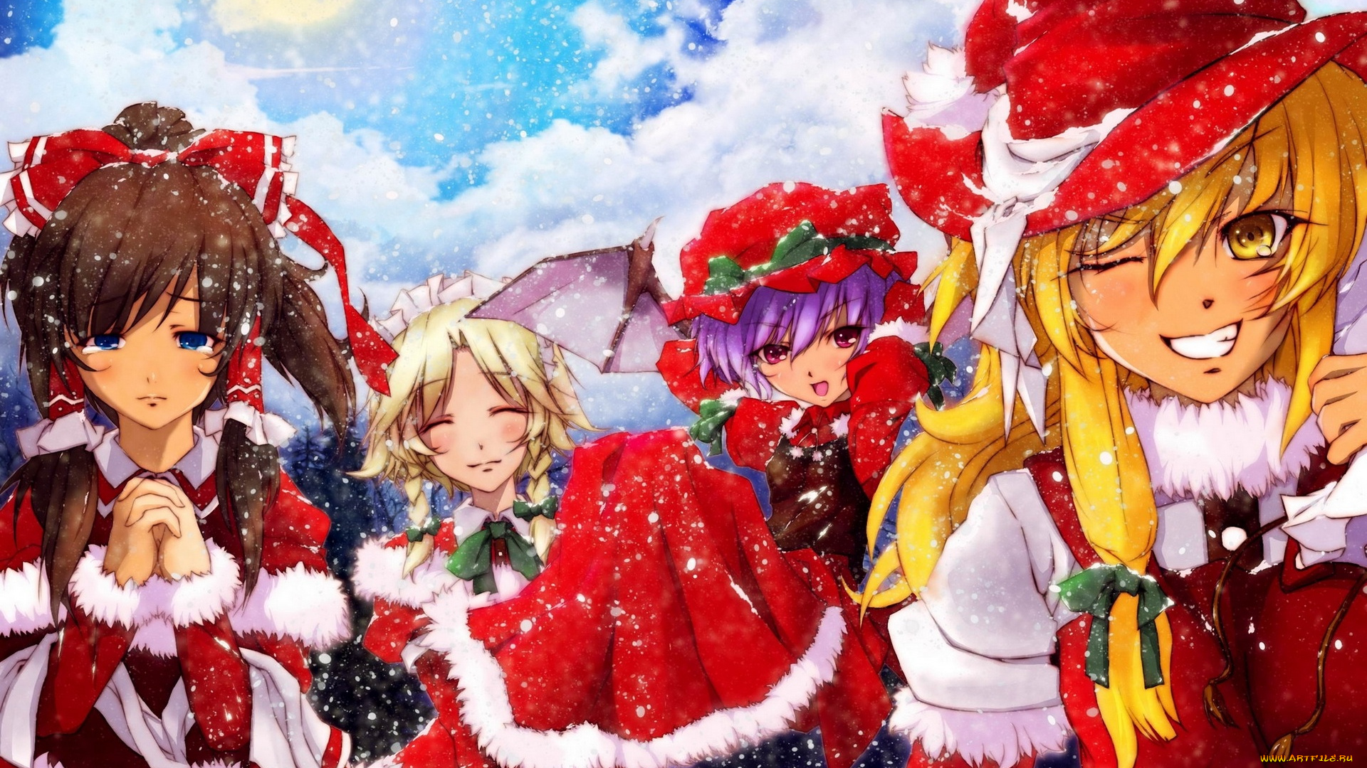 аниме, touhou, снег, костюмы, девушки