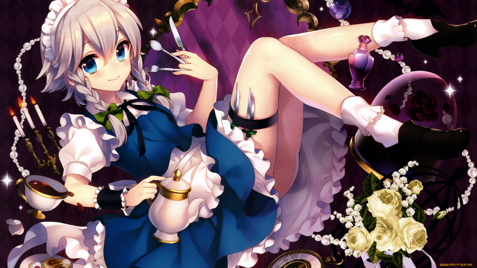 аниме, touhou, взгляд, девушка, чайник, фон