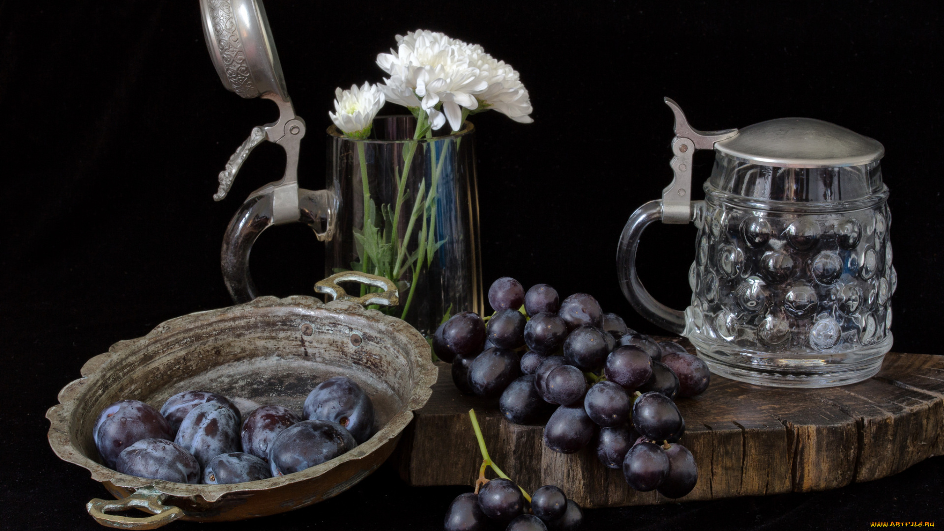 еда, натюрморт, виноград, цветы, сливы, кружка