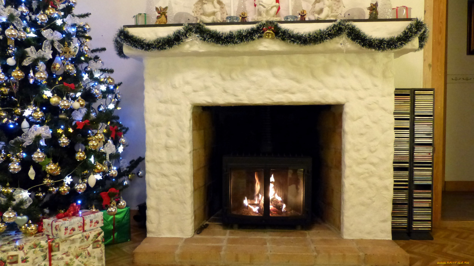 праздничные, новогодний, очаг, елка, камин, подарки