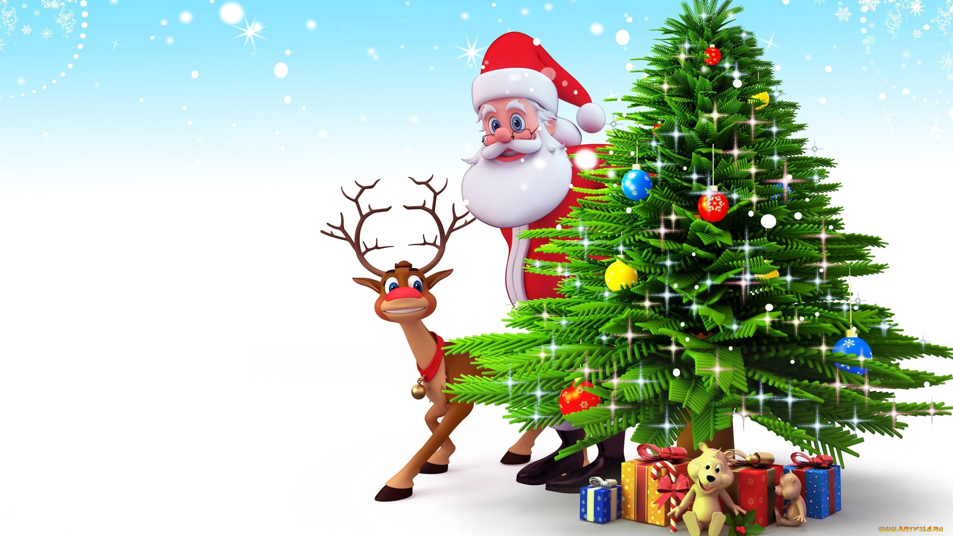 праздничные, векторная, графика, , новый, год, олень, санта, клаус, ель, украшение, подарки