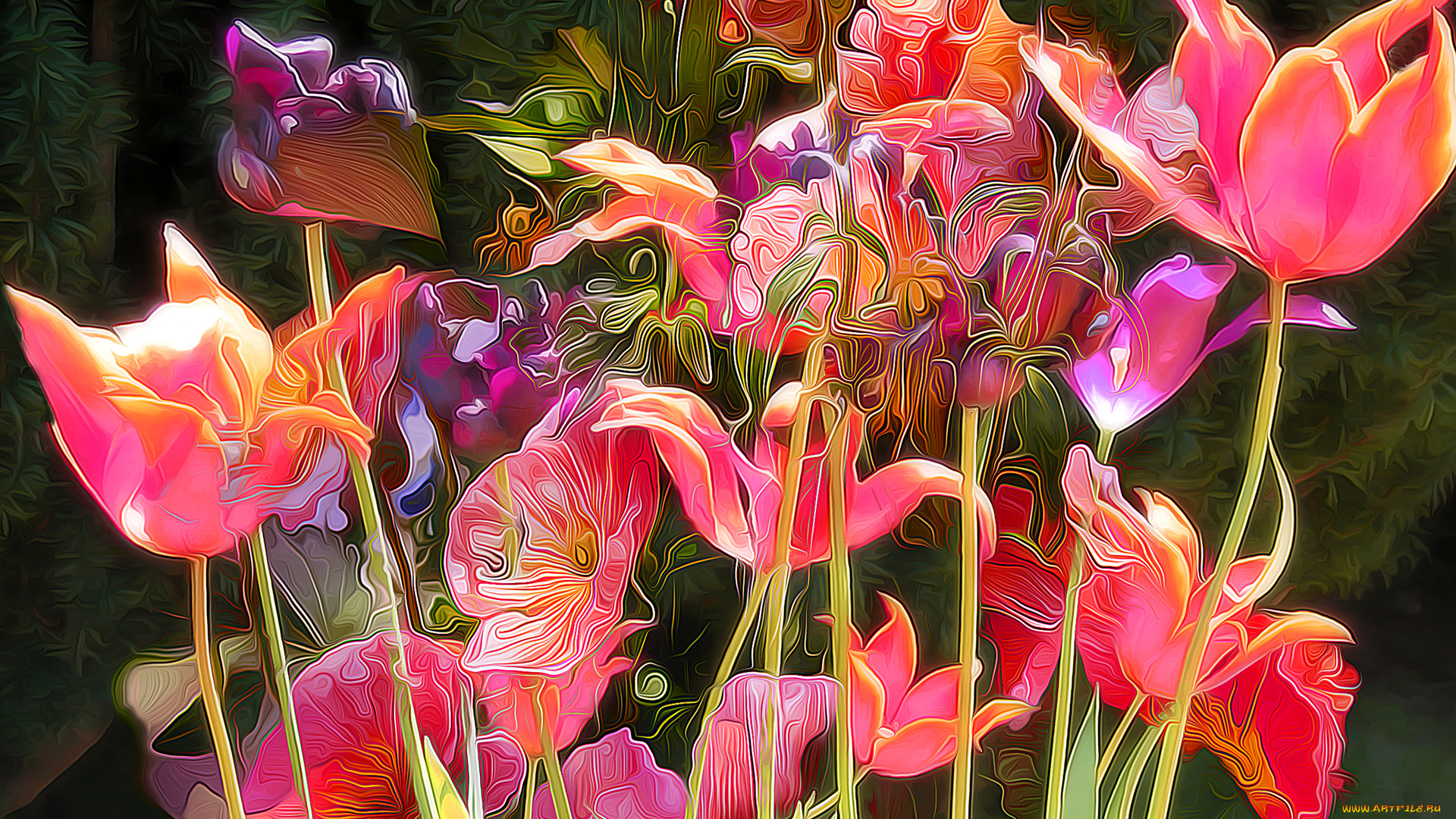 разное, компьютерный, дизайн, линии, краски, рендеринг, лепестки, тюльпан