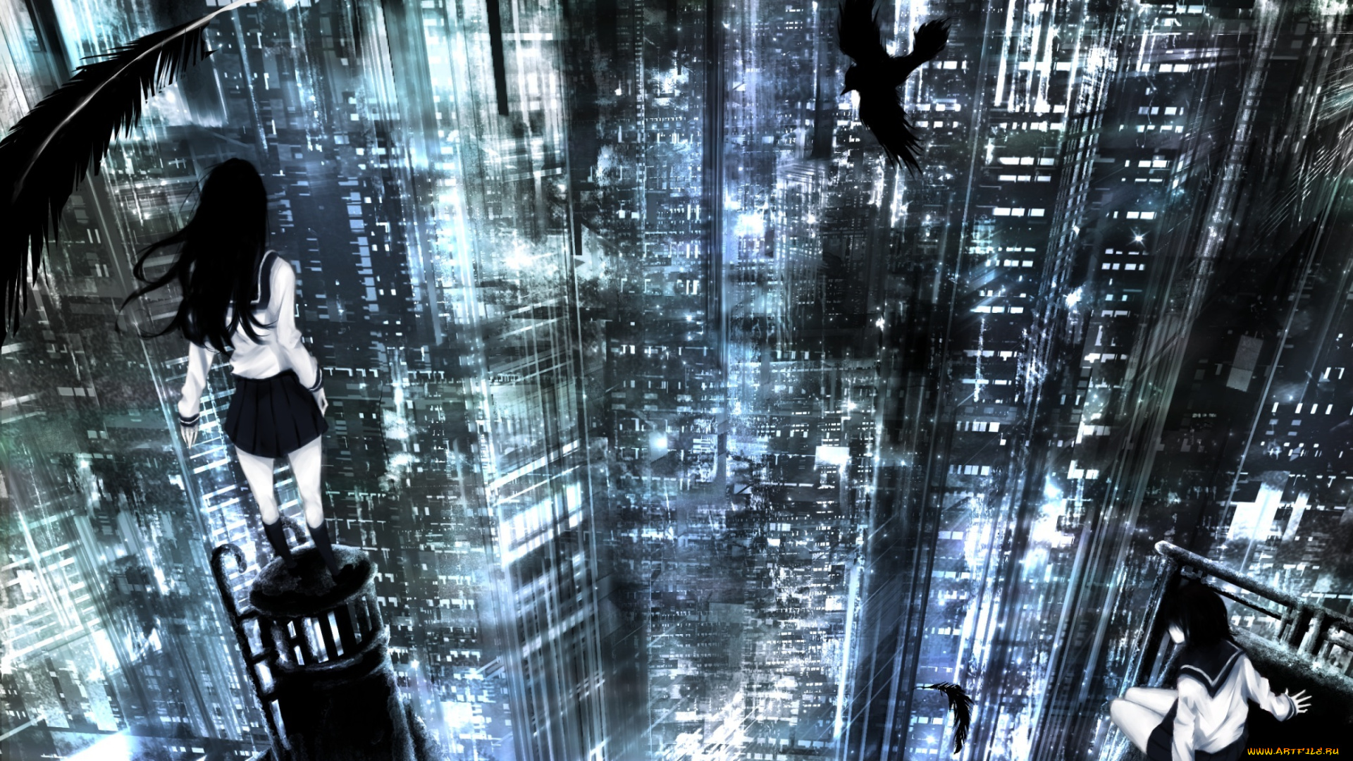 tagme, , artist, аниме, город, , улицы, , здания, tagme, арт, девушки, перья