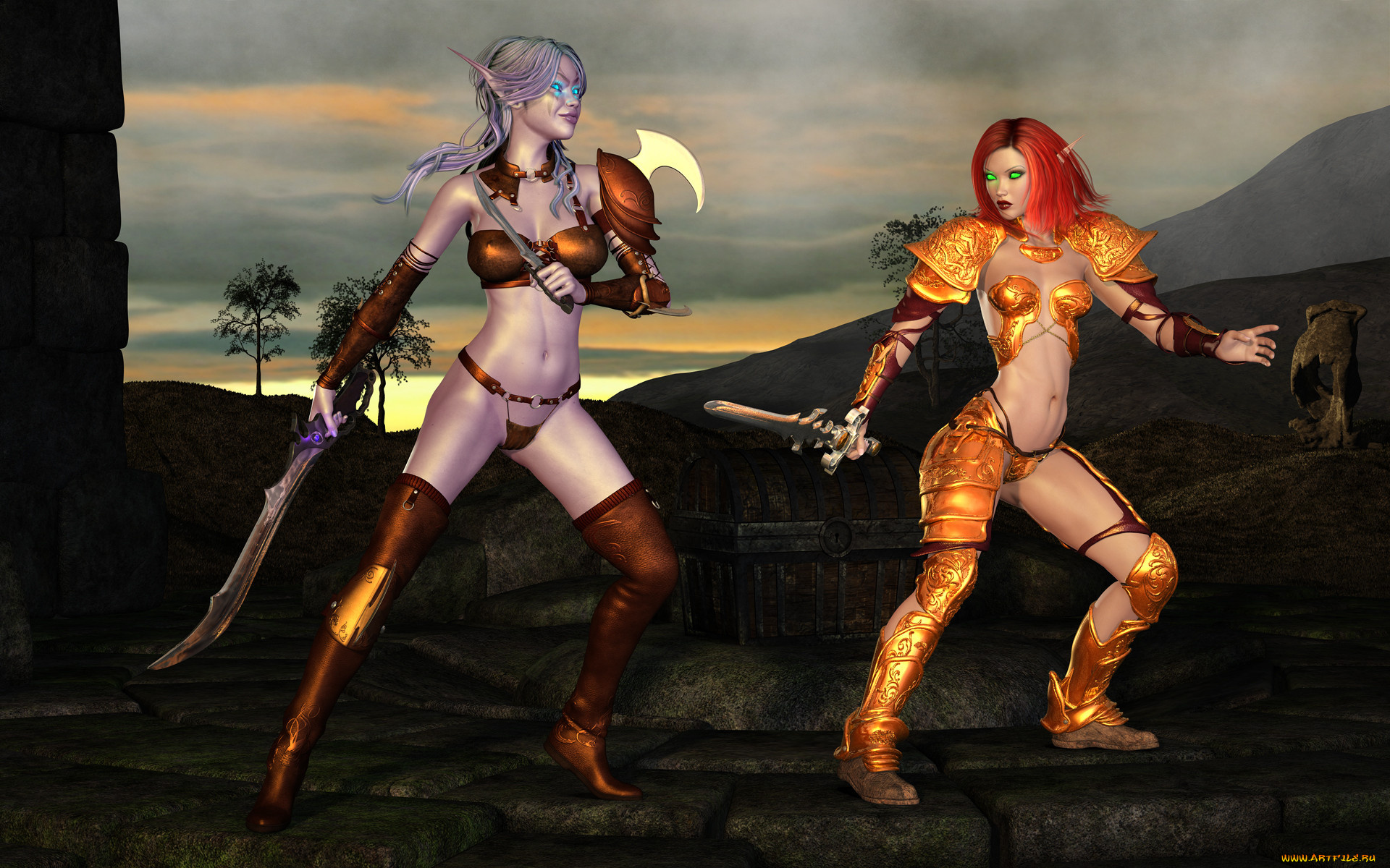 3д, графика, эльфы, , elves, фон, девушки, сундук, меч, эльф, взгляд