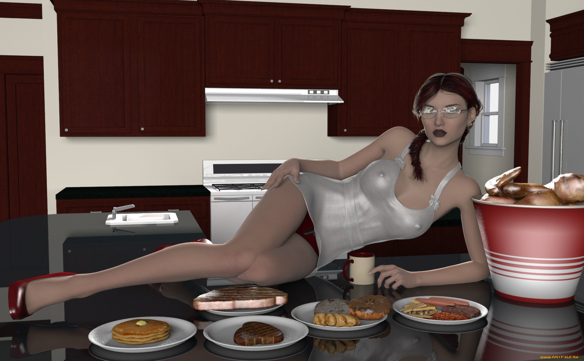 3д, графика, люди, , people, девушка, взгляд, фон, интерьер, стол