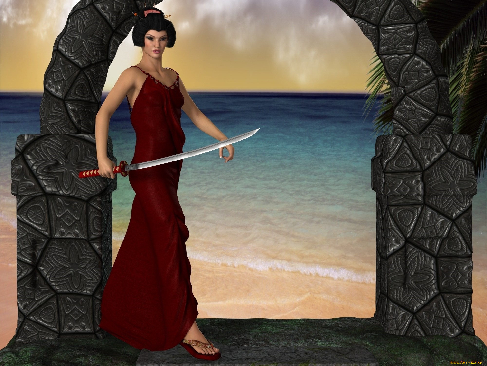 3д, графика, фантазия, , fantasy, фон, девушка, взгляд, оружие