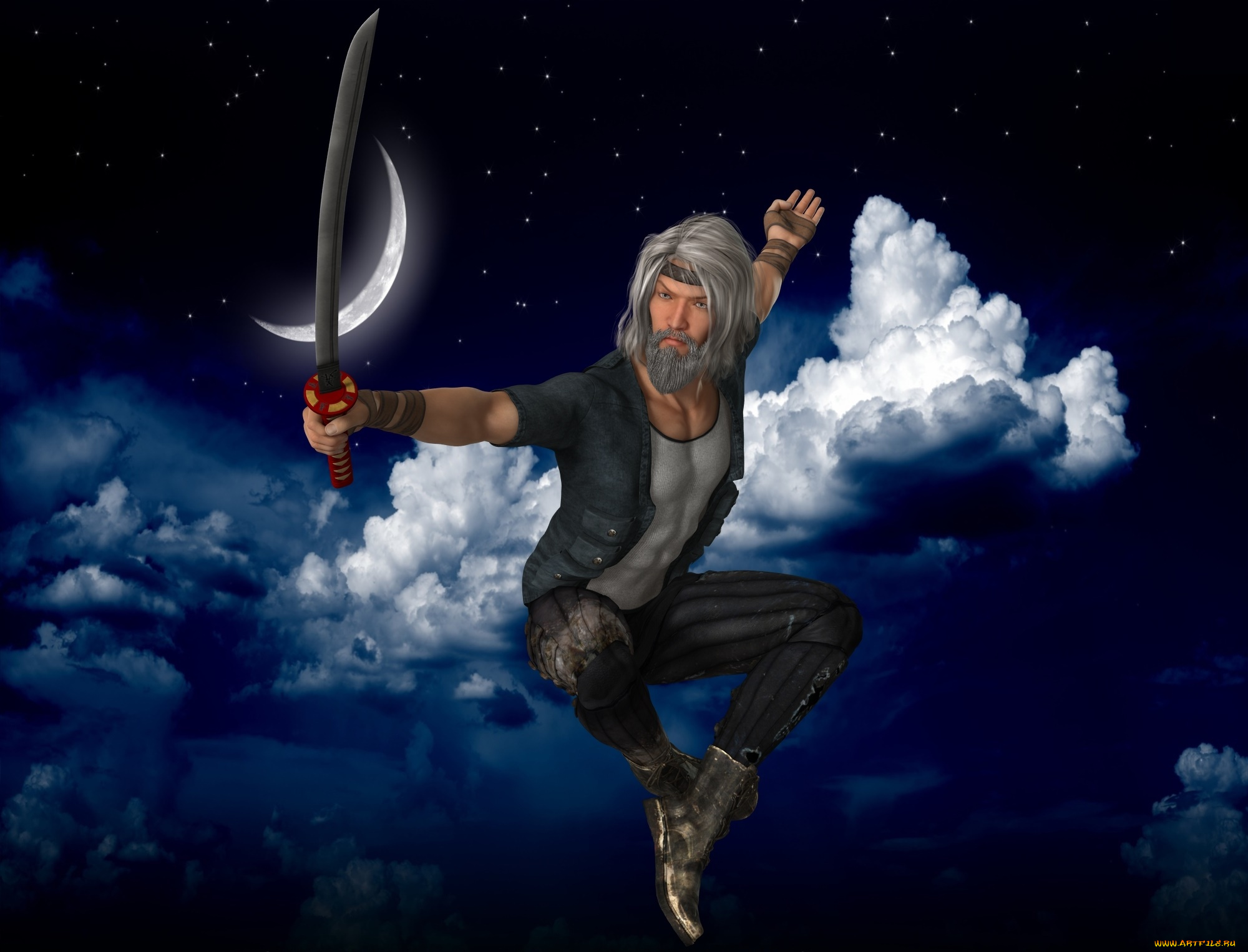 3д, графика, фантазия, , fantasy, луна, оружие, фон, взгляд, мужчина