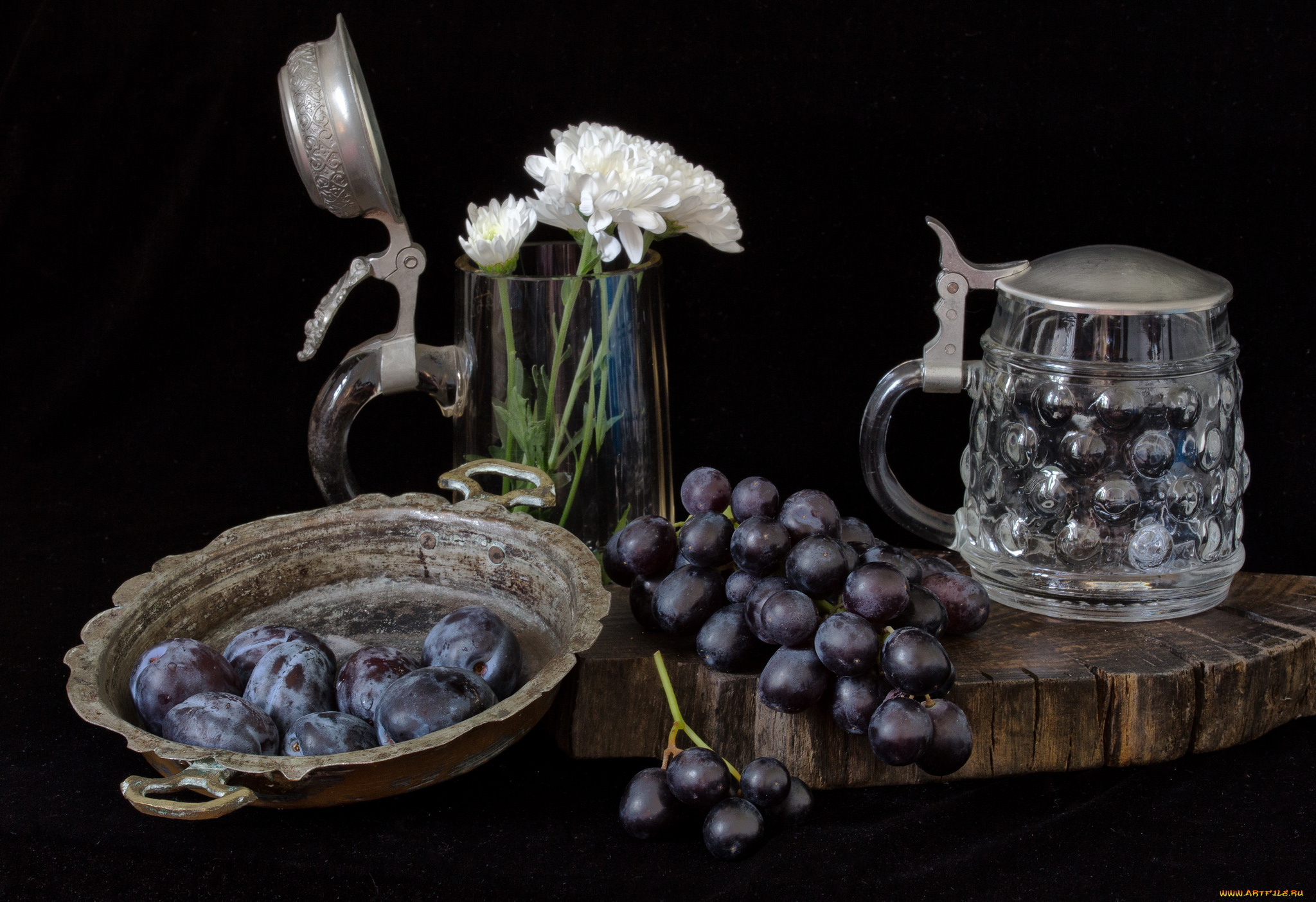 еда, натюрморт, виноград, цветы, сливы, кружка
