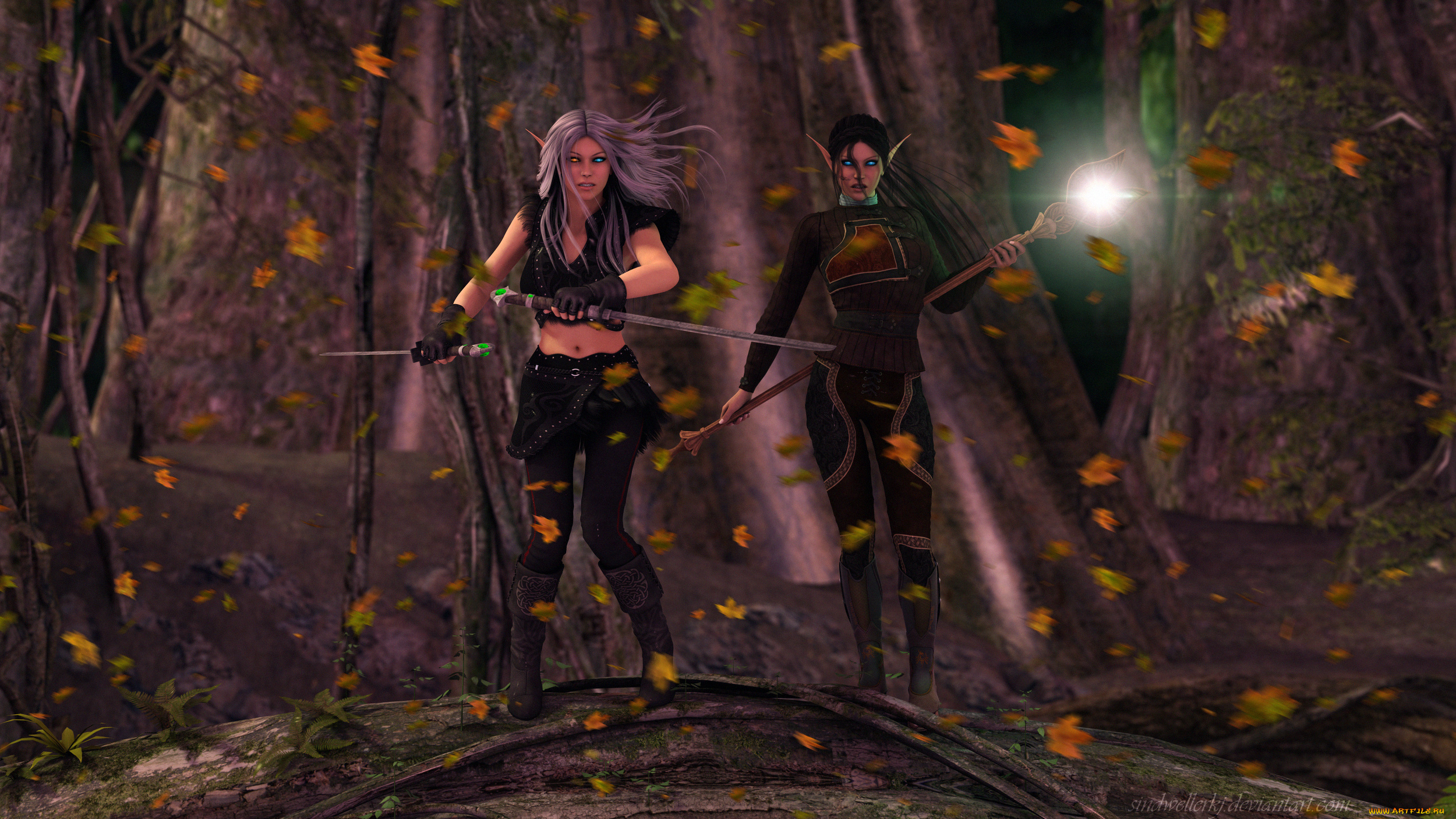 3д, графика, эльфы, , elves, эльфийки, взгляд, фон, оружие