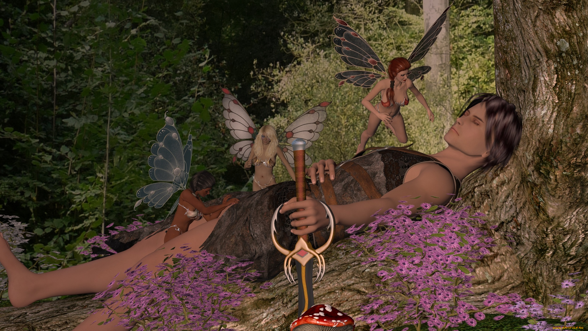 3д, графика, фантазия, , fantasy, мужчина, природа, лес, существа, бабочки, девушки, сон
