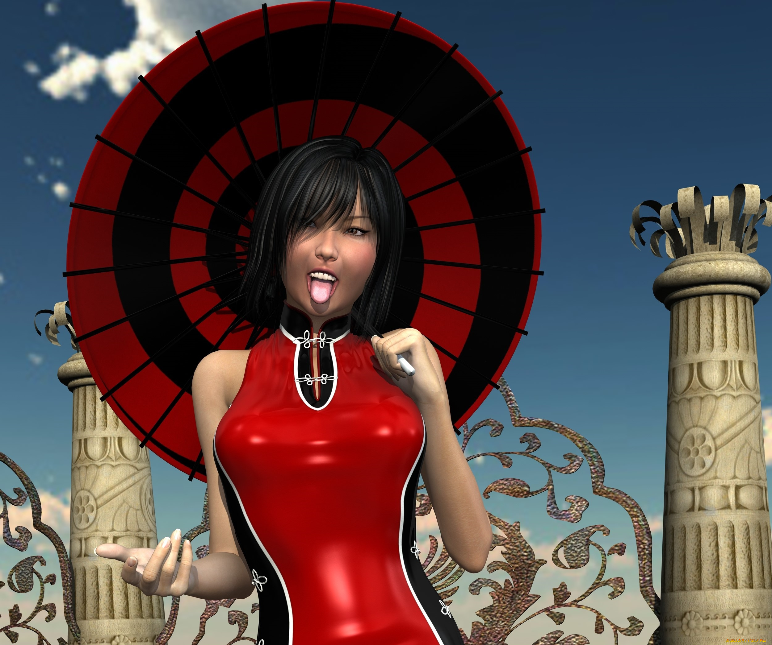 3д, графика, люди, , people, девушка, взгляд, фон, зонтик