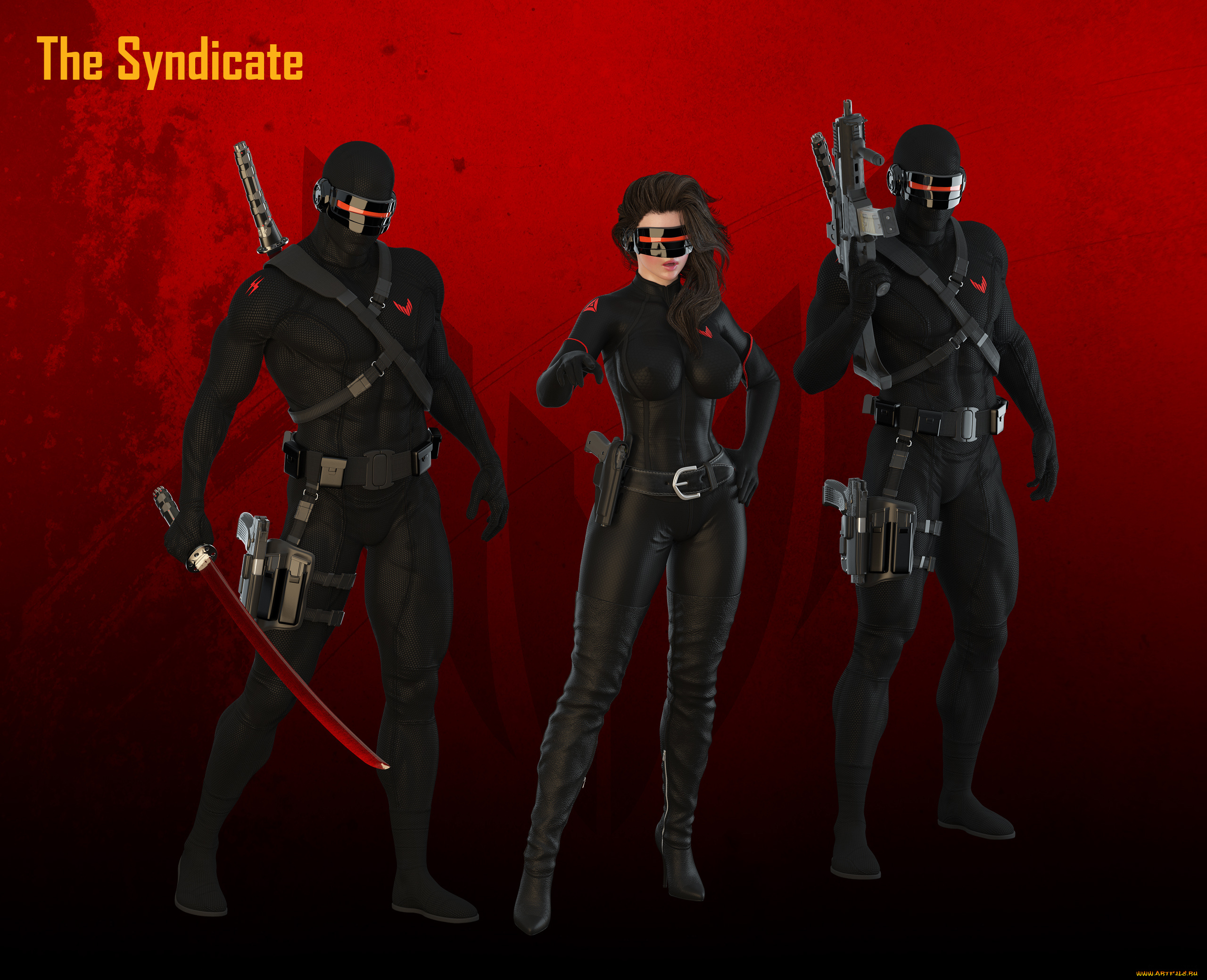 3д, графика, фантазия, , fantasy, девушка, мужчины, униформа, меч, фон, пистолет