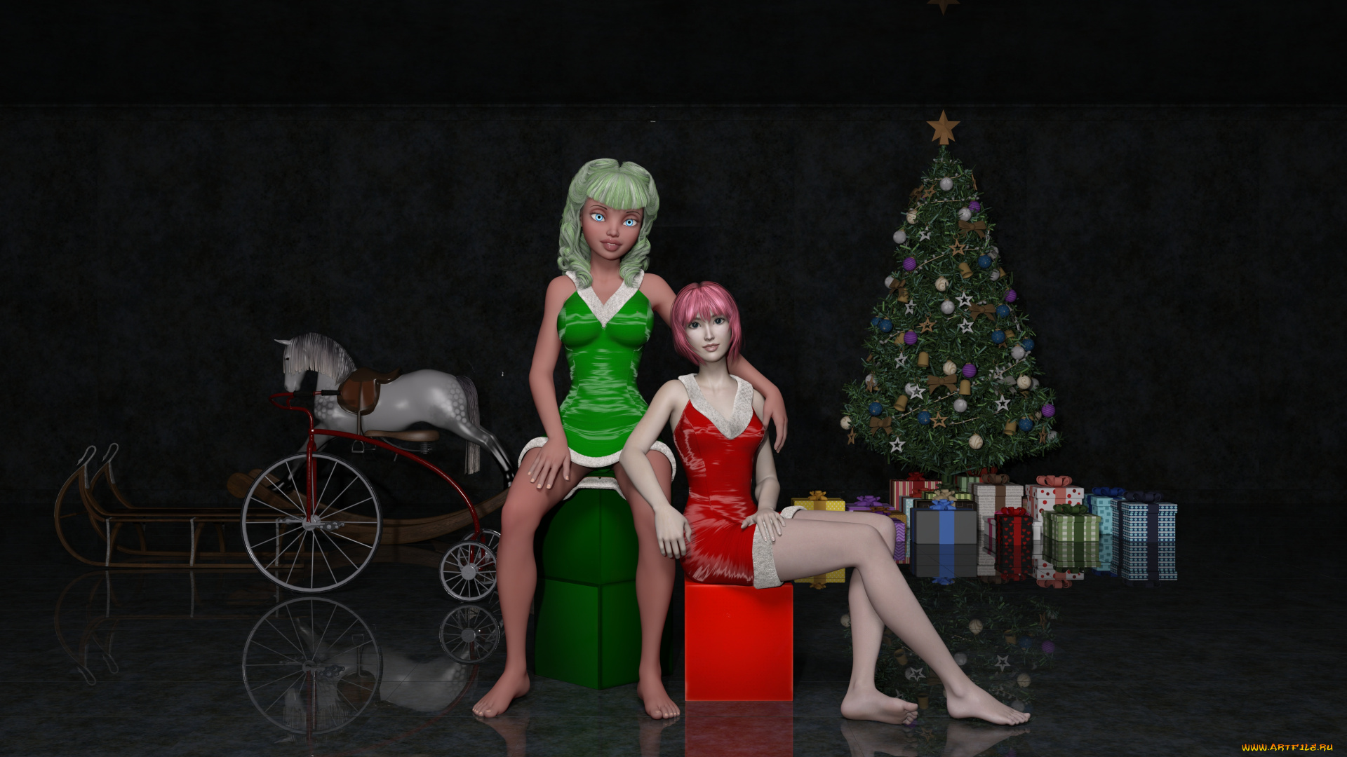 3д, графика, праздники, , holidays, подарки, праздник, елка, фон, взгляд, девушки
