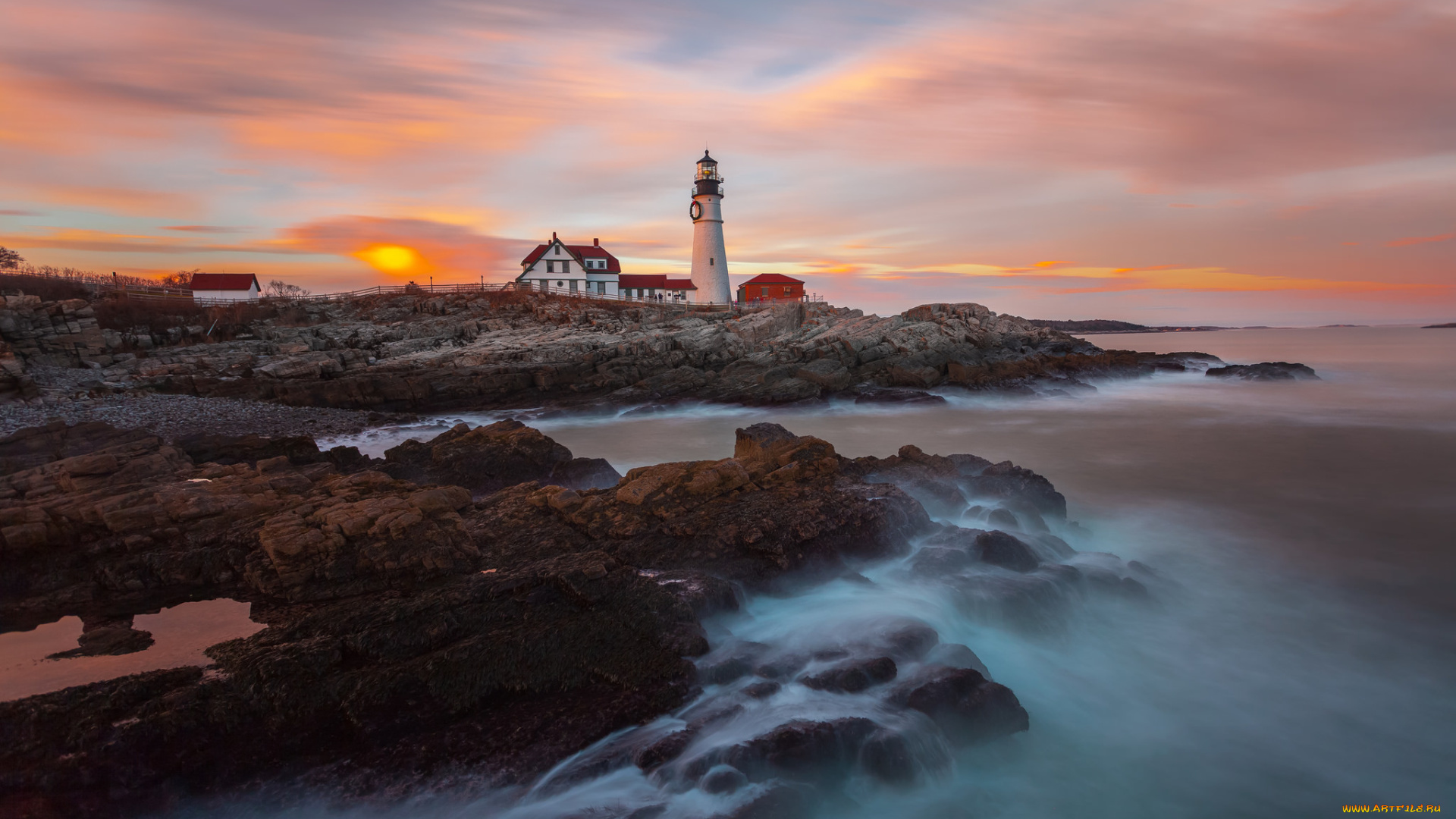 природа, маяки, закат, облака, скалы, залив, маяк