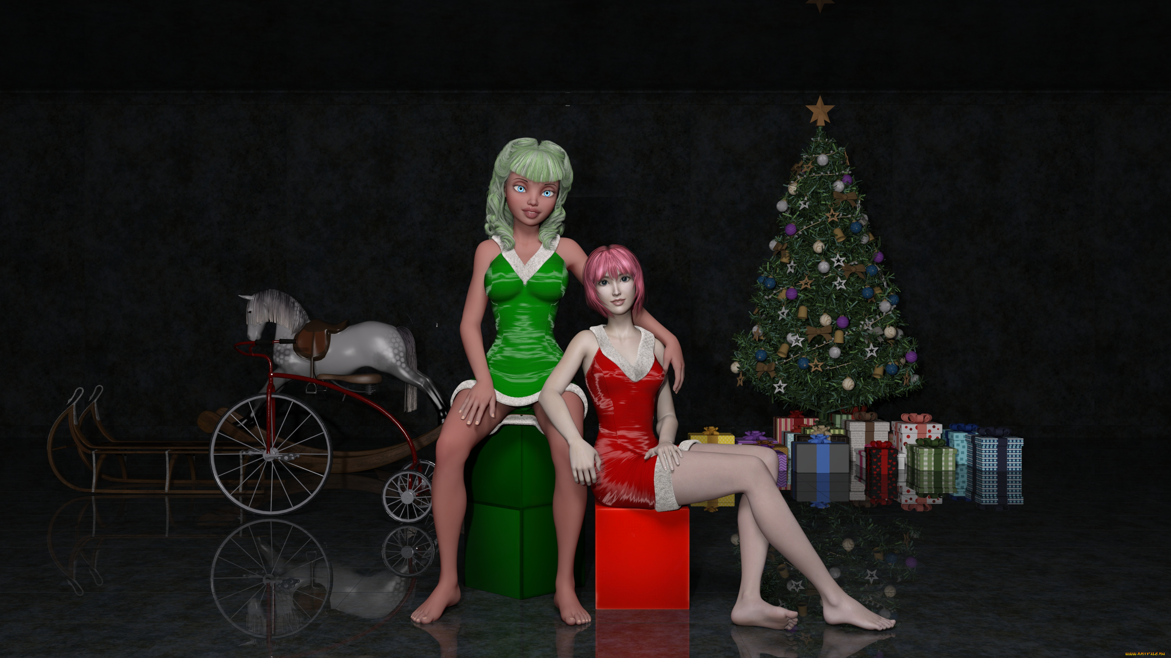 3д, графика, праздники, , holidays, подарки, праздник, елка, фон, взгляд, девушки