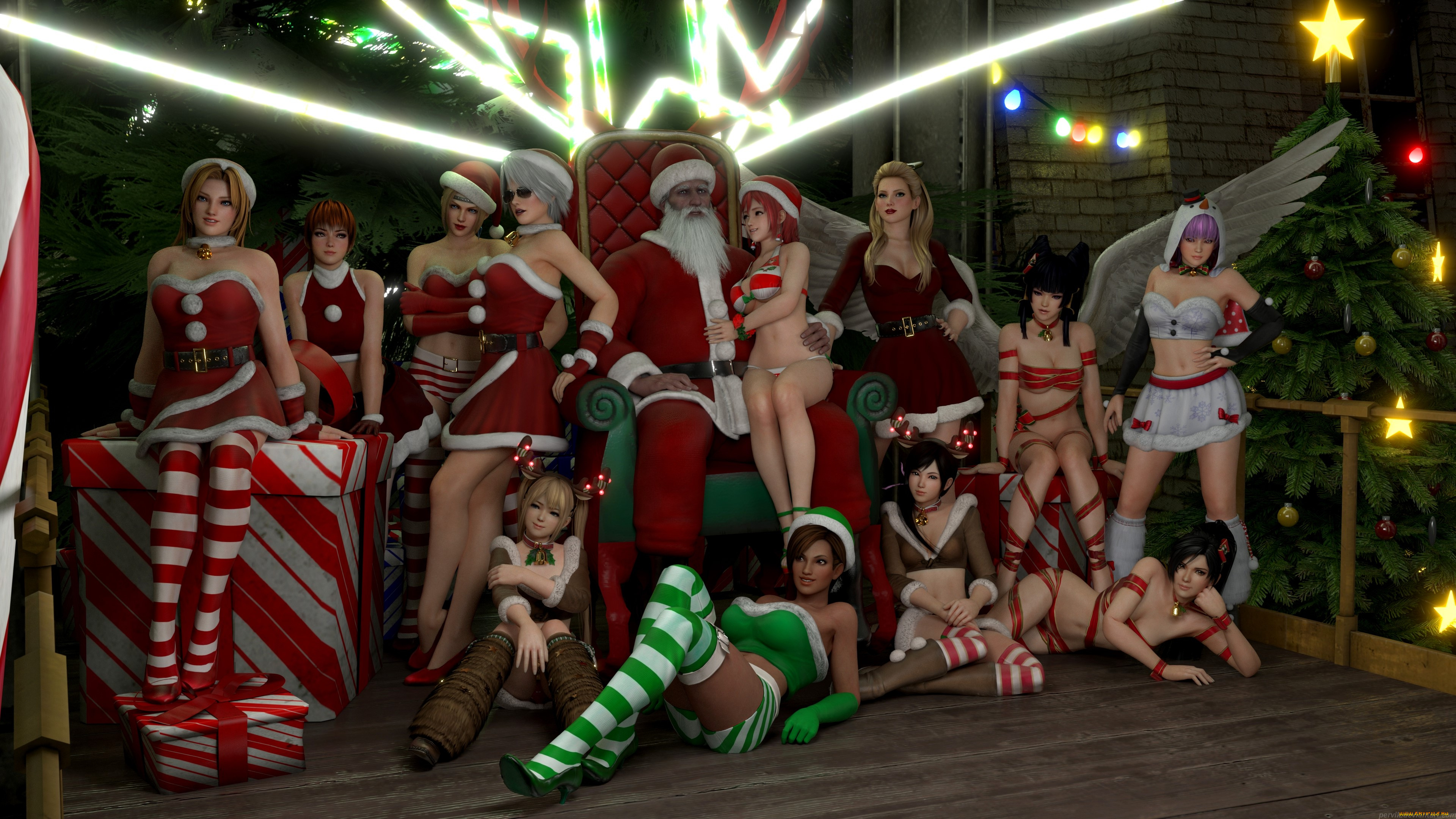 3д, графика, праздники, , holidays, санта, клаус, фон, взгляд, девушки