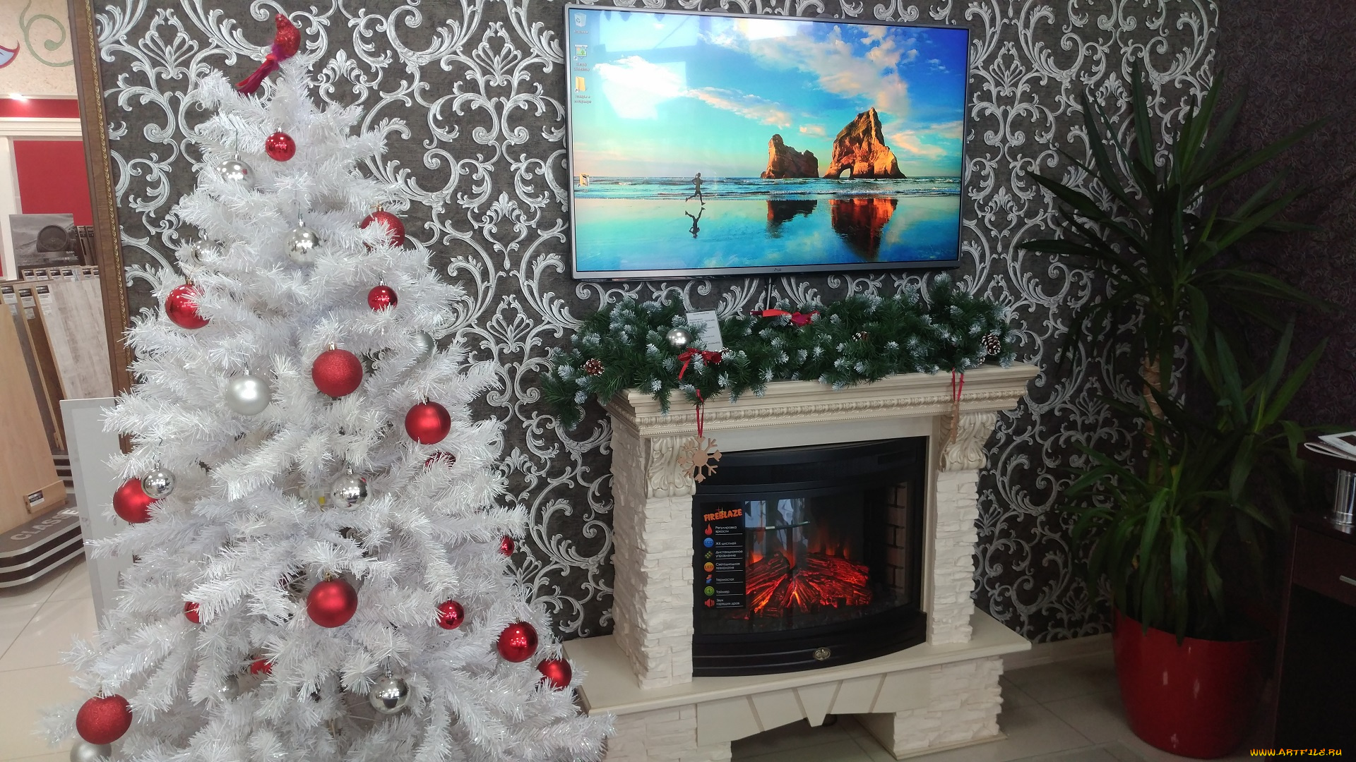 праздничные, новогодний, очаг, интерьер