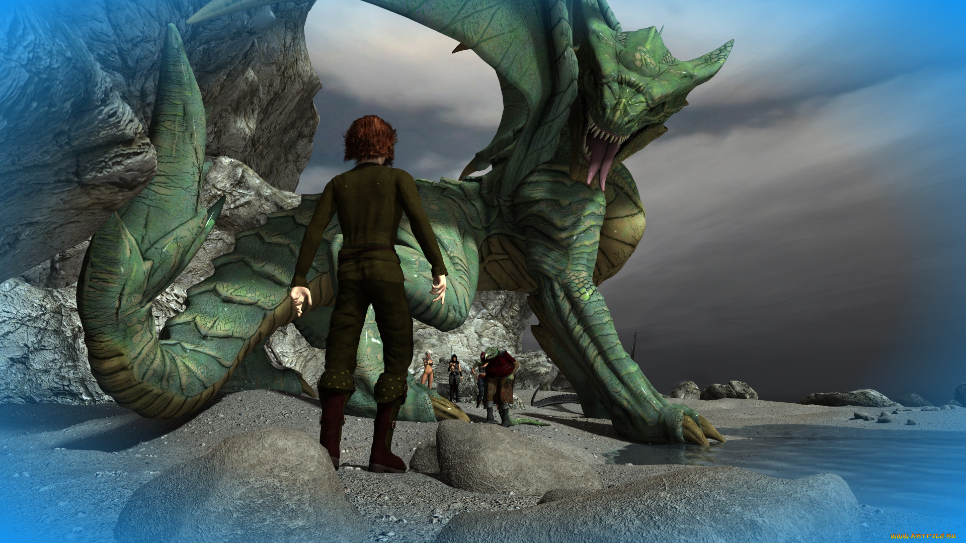 3д, графика, фантазия, , fantasy, дракон, фон, люди