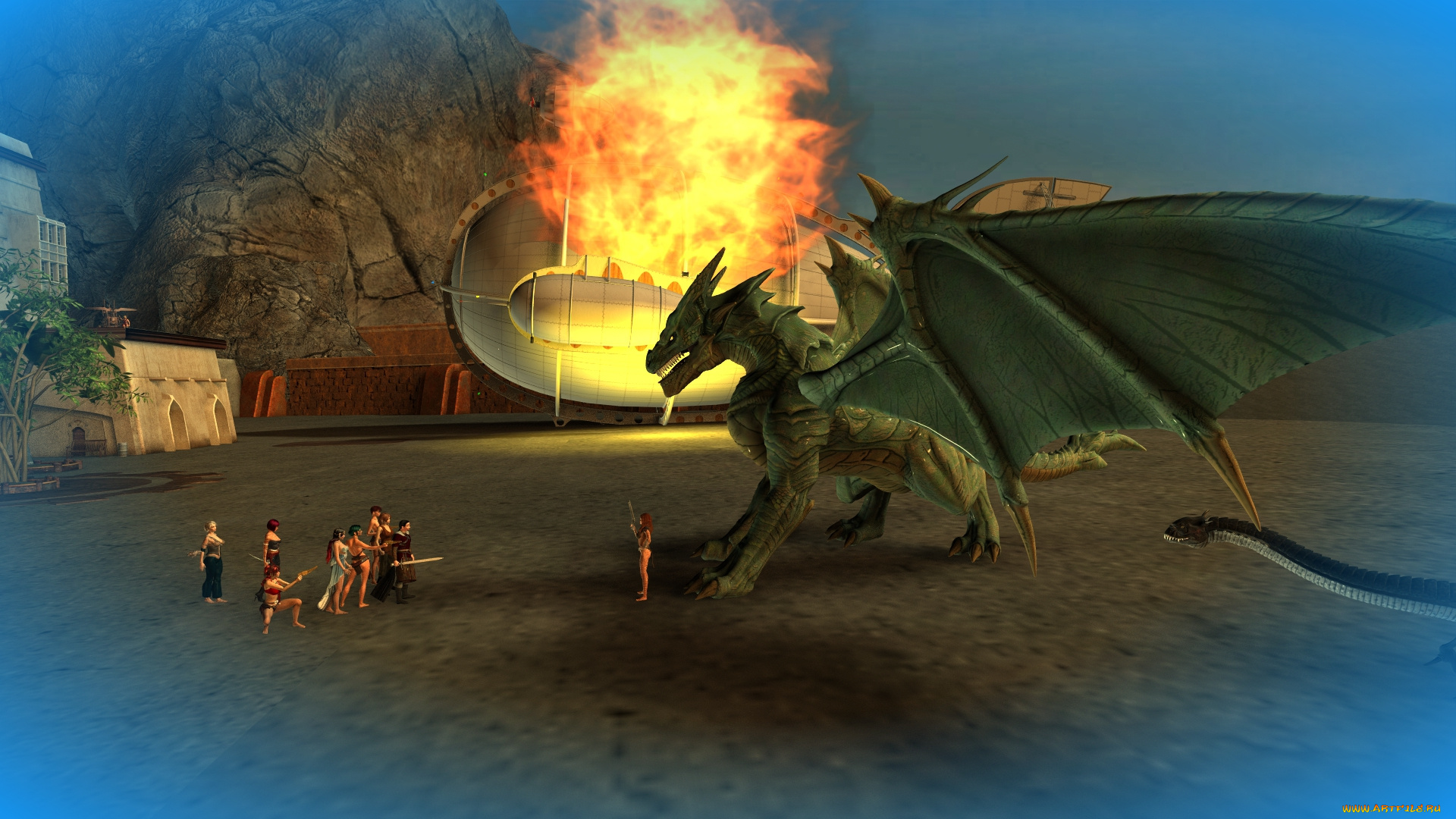 3д, графика, фантазия, , fantasy, дракон, фон, люди