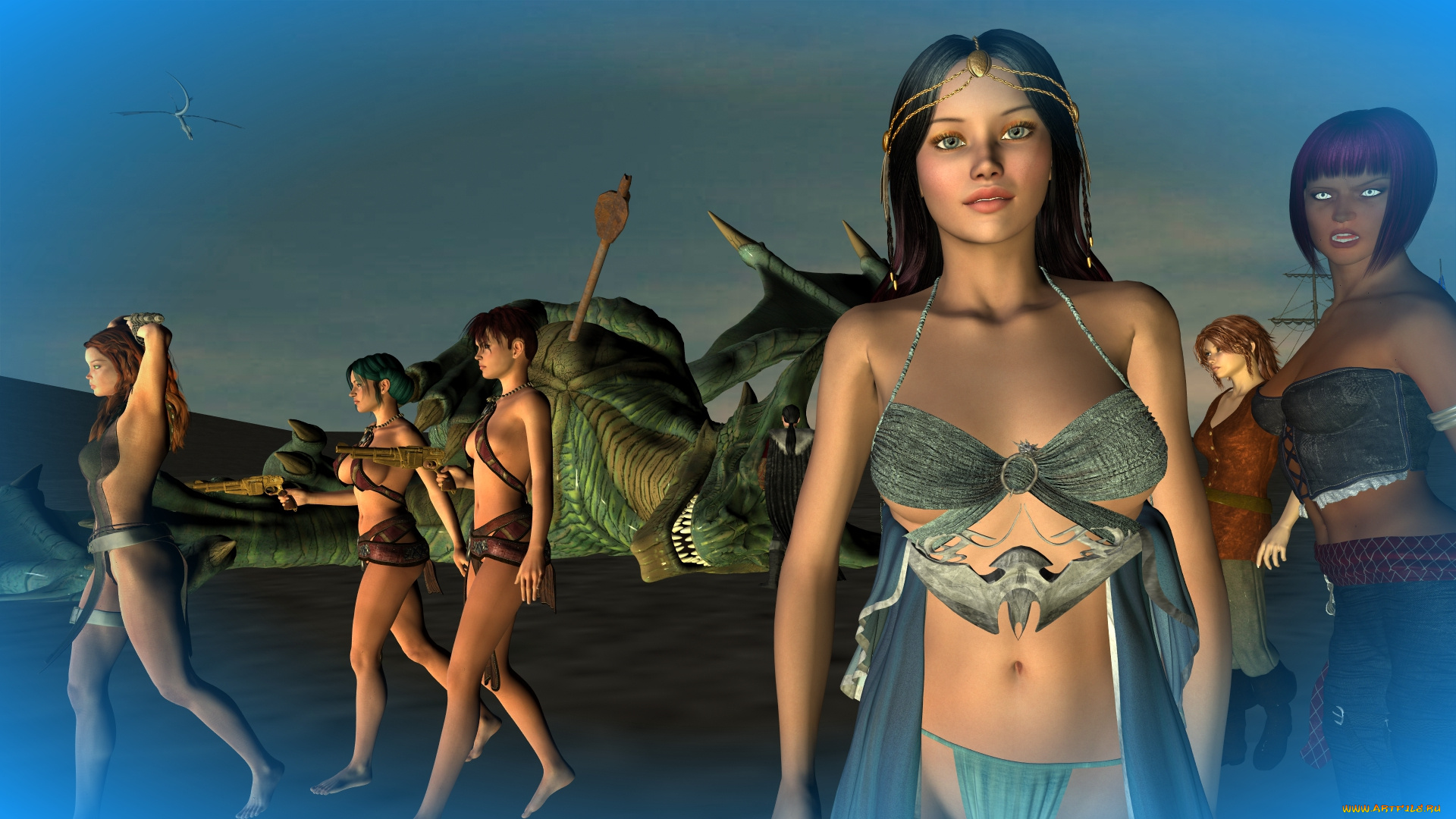 3д, графика, фантазия, , fantasy, дракон, фон, люди