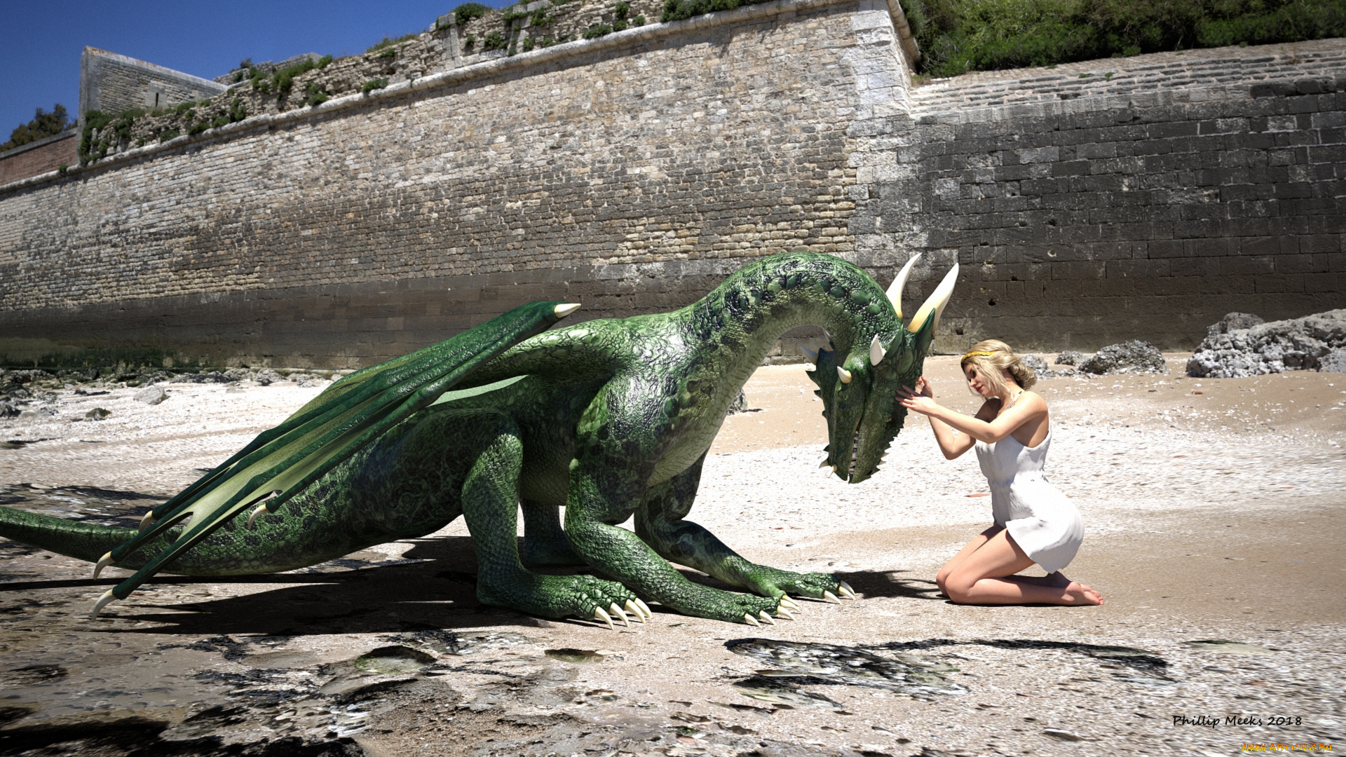 3д, графика, фантазия, , fantasy, фон, дракон, взгляд, девушка