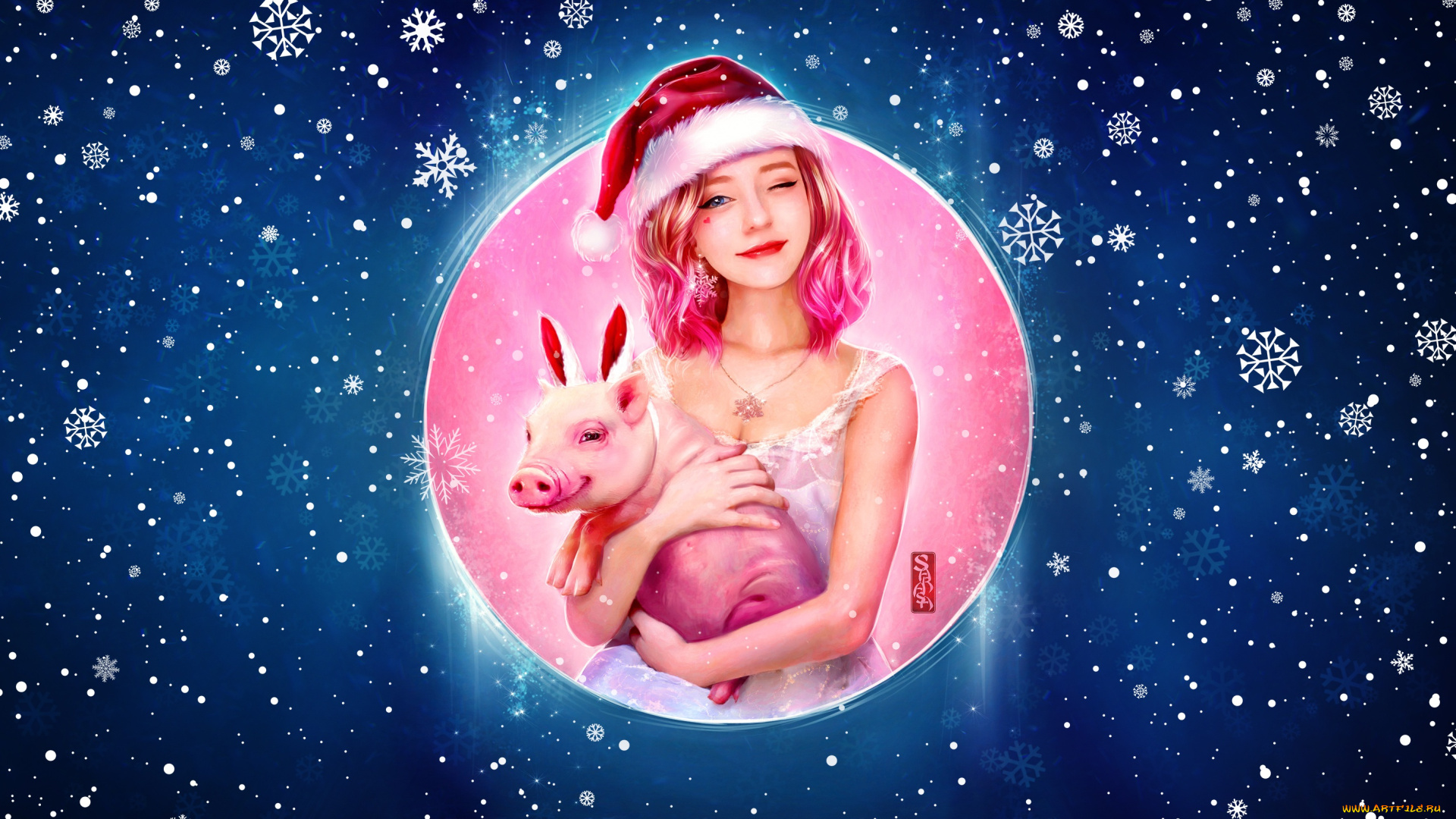 праздничные, 3д, графика, , новый, год, арт, happy, new, year, праздник, новый, год, фон, снежинки, рождество, снег, свинья, девушка, зима