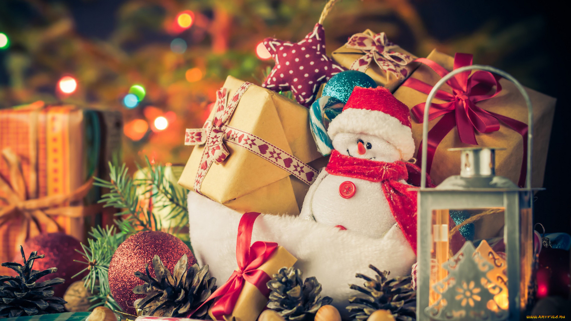 праздничные, подарки, и, коробочки, шарики, коробки, снеговик, фонарь