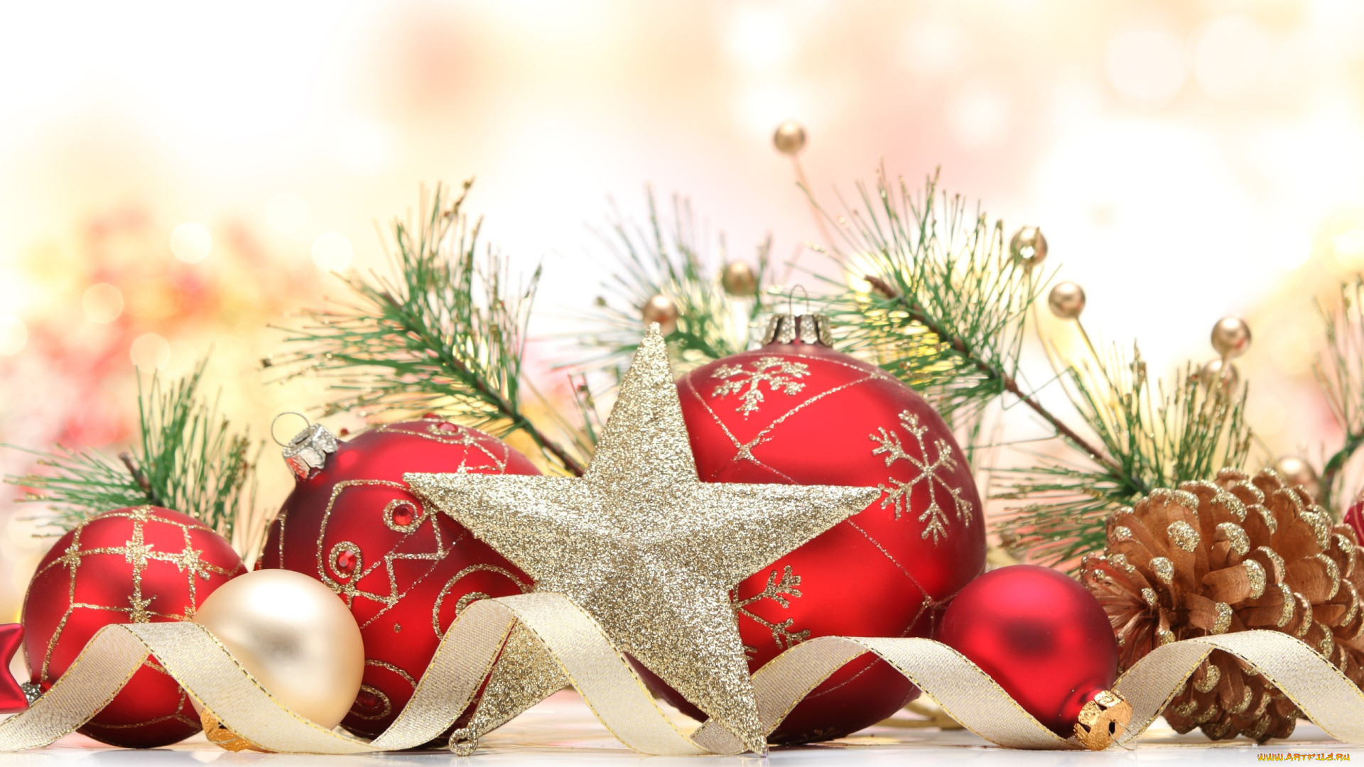 праздничные, украшения, лента, звезда, шарики, шишки