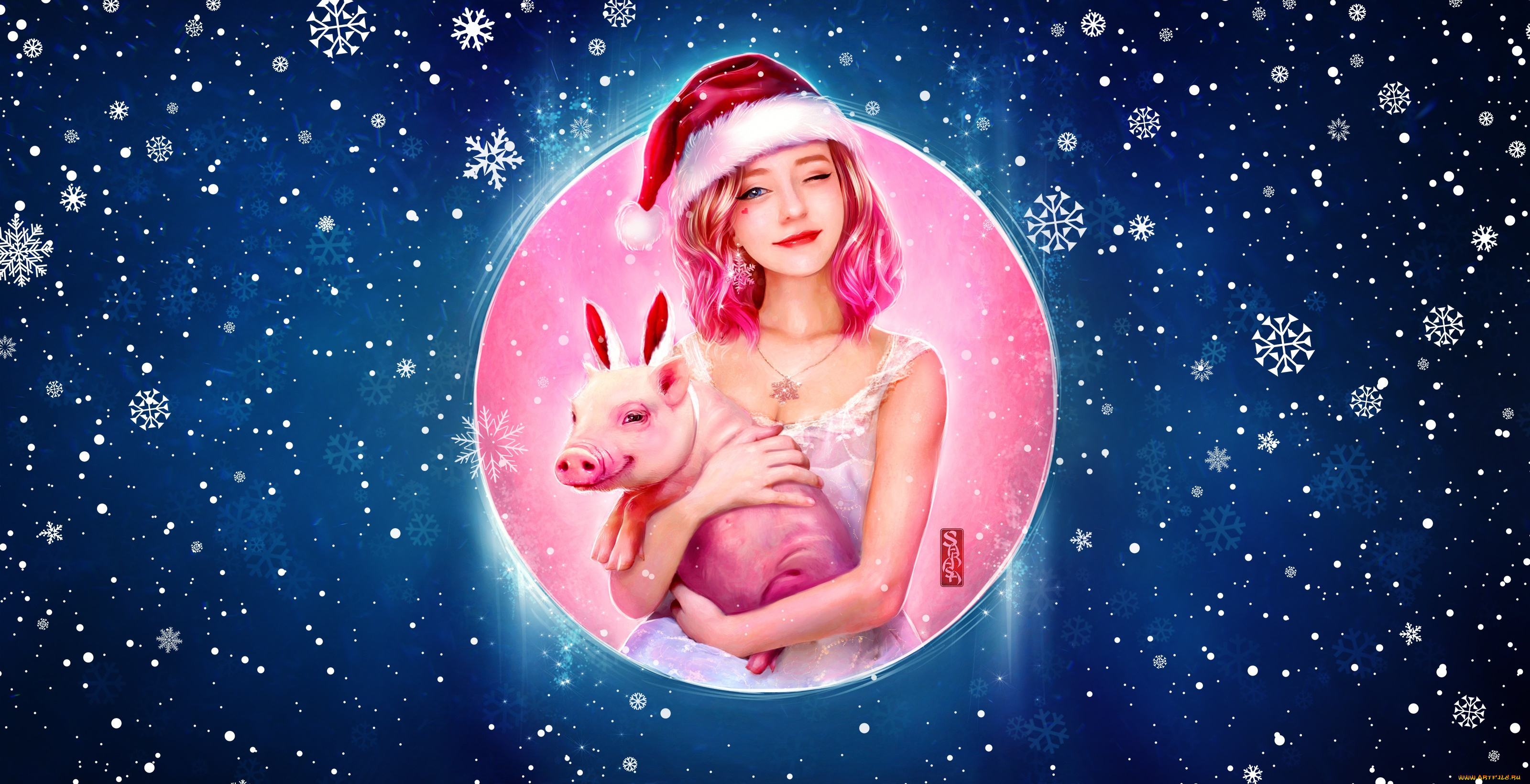 праздничные, 3д, графика, , новый, год, арт, happy, new, year, праздник, новый, год, фон, снежинки, рождество, снег, свинья, девушка, зима