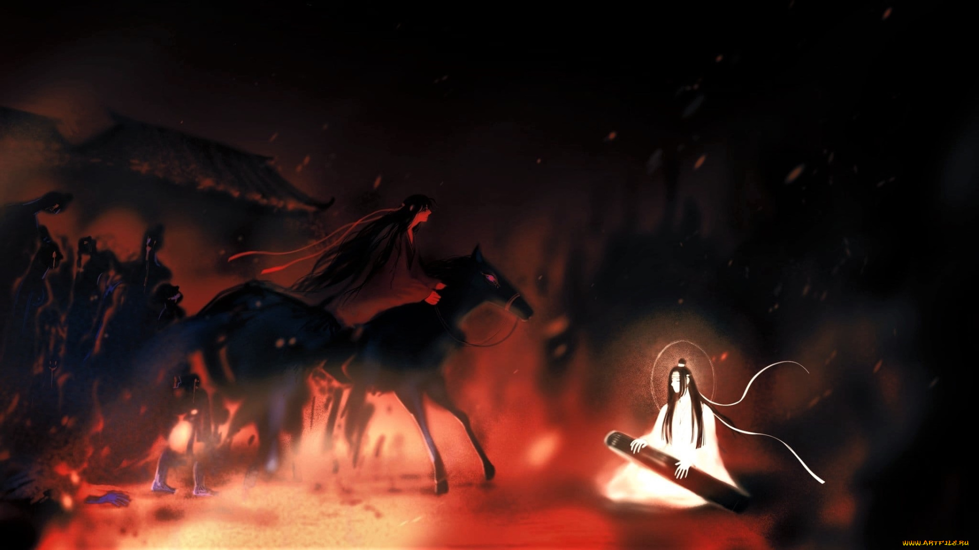 аниме, mo, dao, zu, shi, вэй, усянь, лань, ванцзы, гуцинь, лошадь, пожар