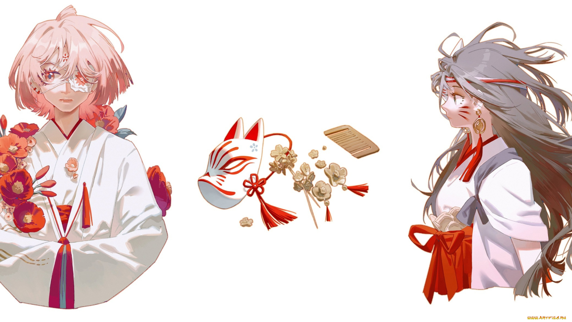 аниме, unknown, , другое, , девушки, цветы, маска, гребень