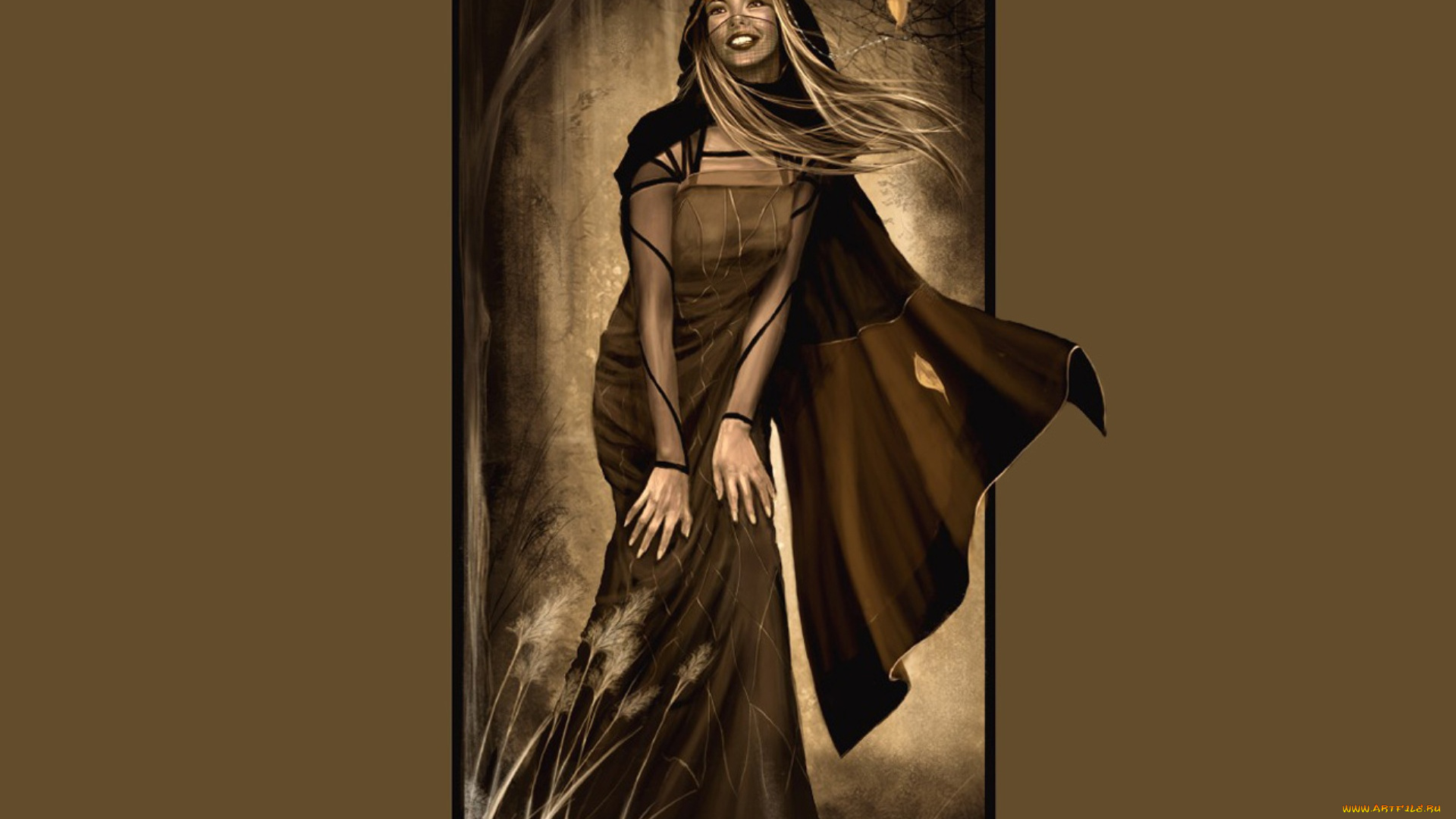 фэнтези, девушки, девушка, плащ, листья