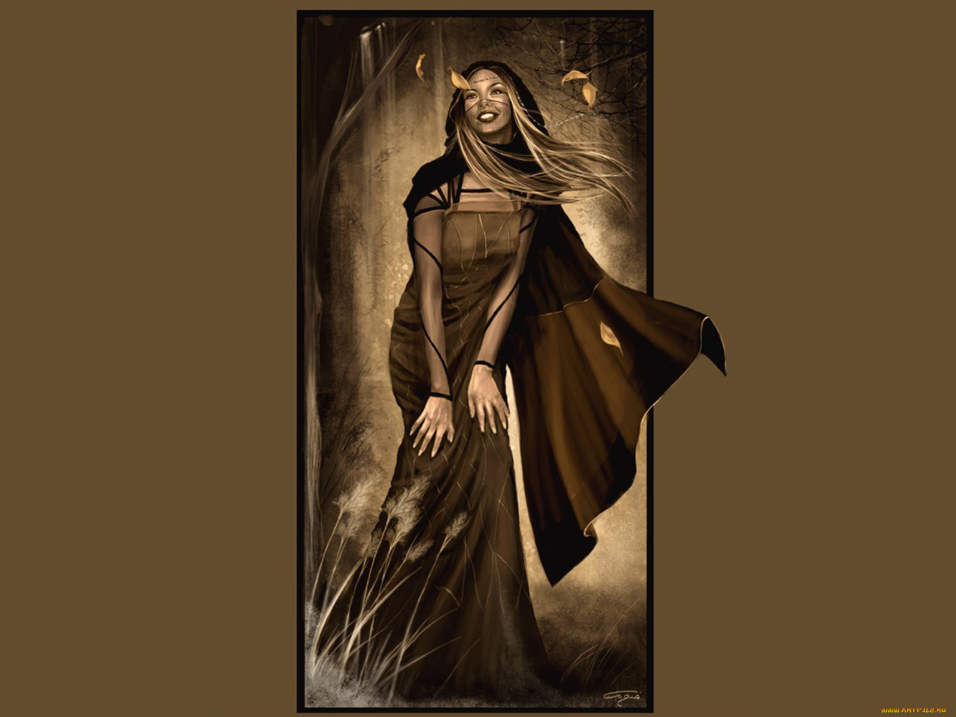 фэнтези, девушки, девушка, плащ, листья