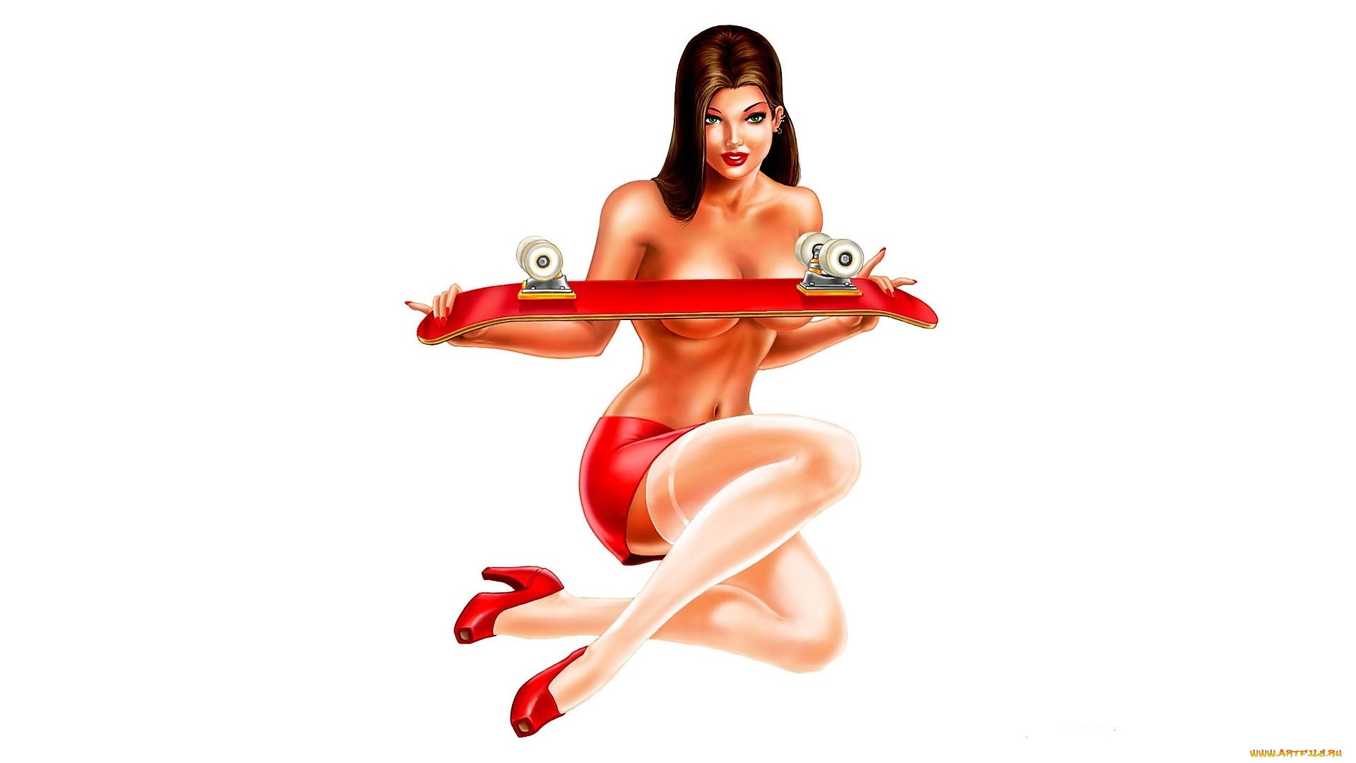 рисованное, люди, девушка, скейт, грудь, юбка, чулки, каблуки