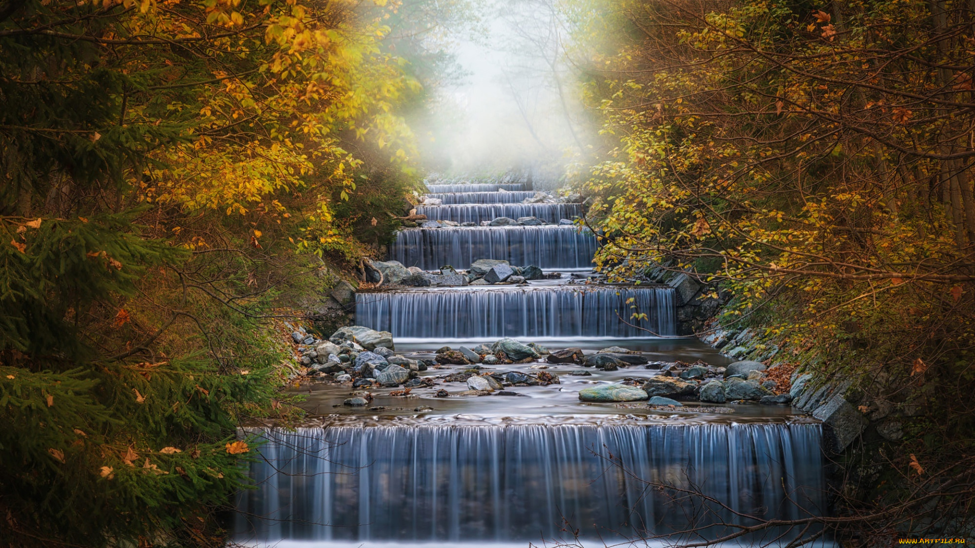 природа, водопады, осень, лес, водопад, каскад